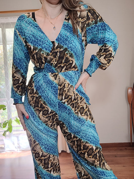 preloved jumpsuit for sale aqua animal print wide leg jumpsuit size small available in Auckland or at our online second and store paothrift.co.nz