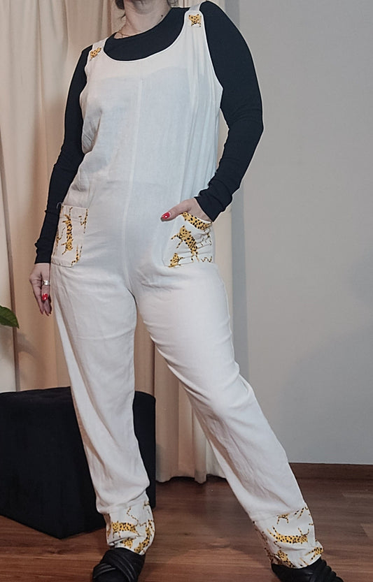 Cream Dungarees - Overalls with Cheetah Details