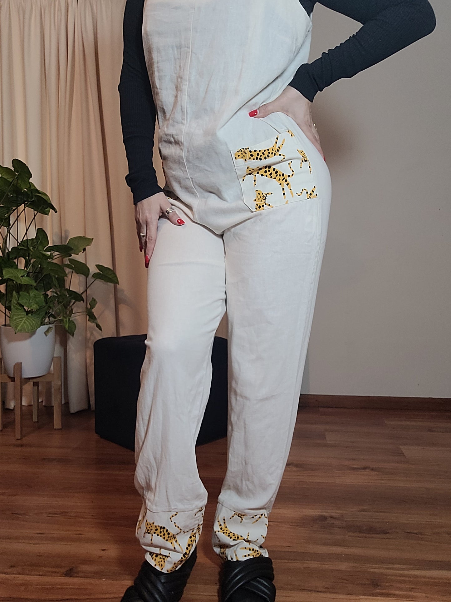 Cream Dungarees - Overalls with Cheetah Details