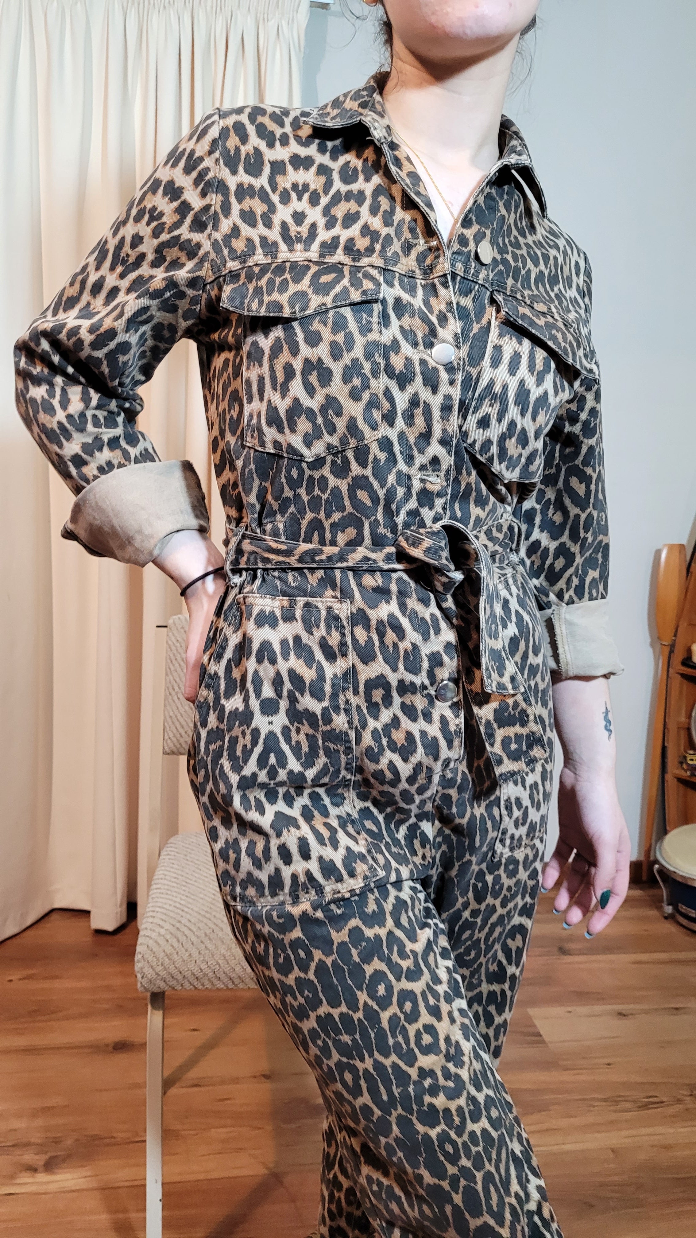 Zara leopard print Denim Jumpsuit paothriftnz