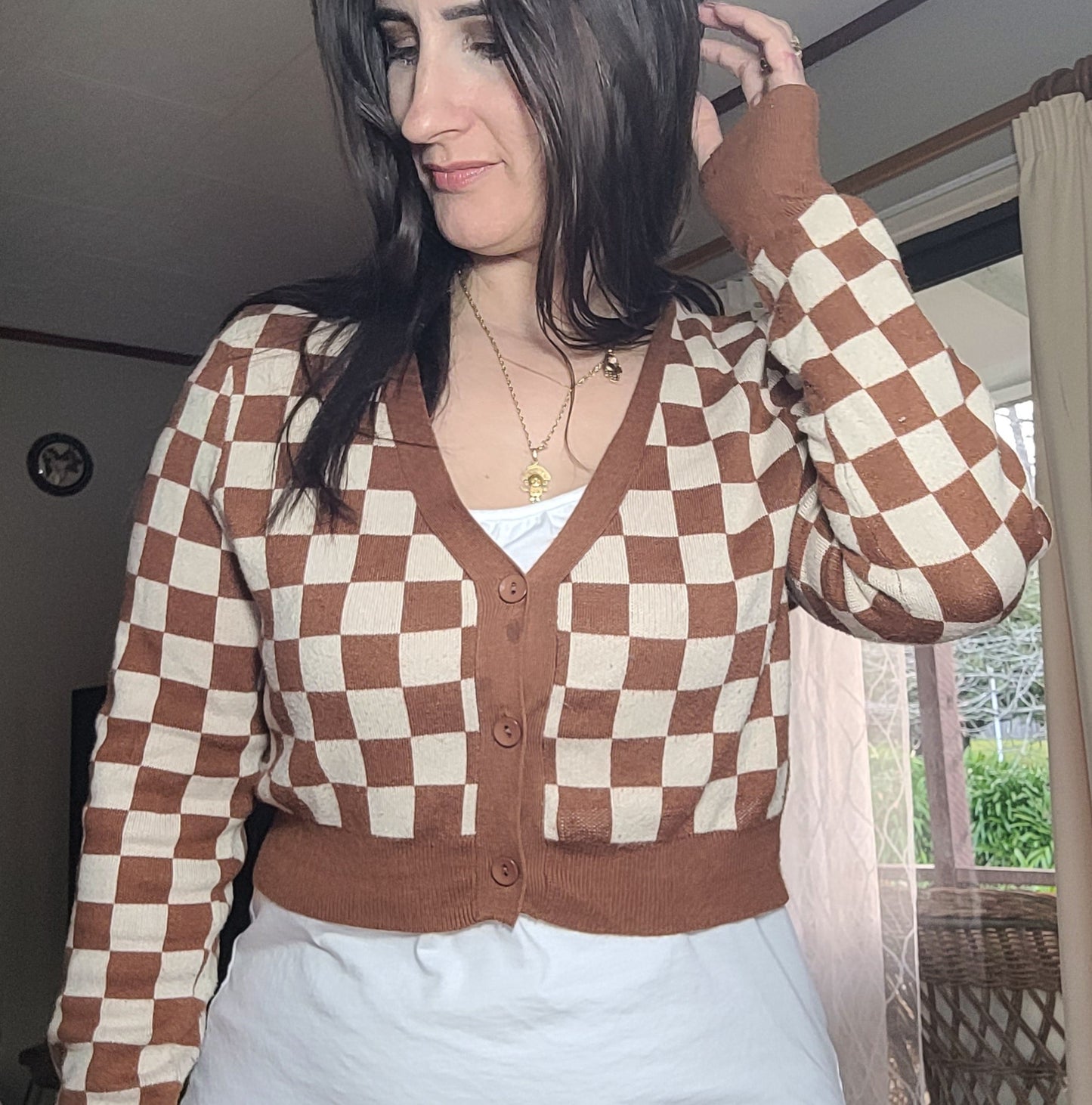 Preloved Brown Plaid Crop Top - Coat - Sweater by CottonOn