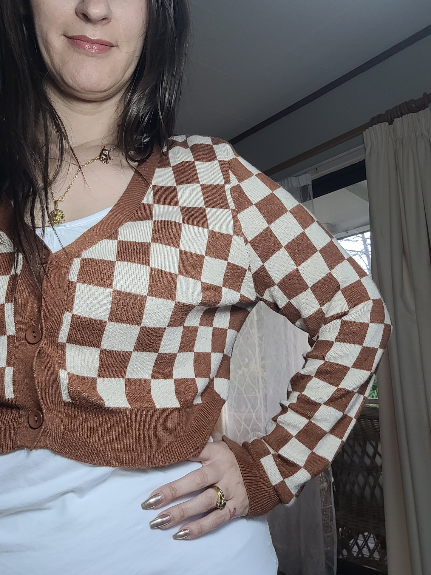 Preloved Brown Plaid Crop Top - Coat - Sweater by CottonOn