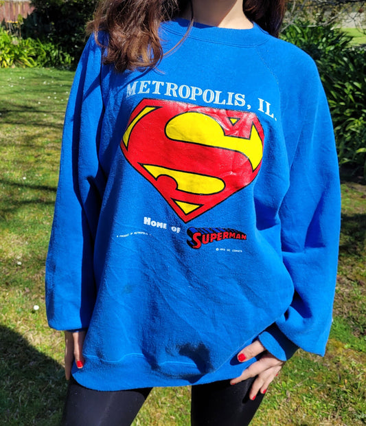 vintage blue superman crewneck top metropolis il home of superman with graphics in preloved condition
