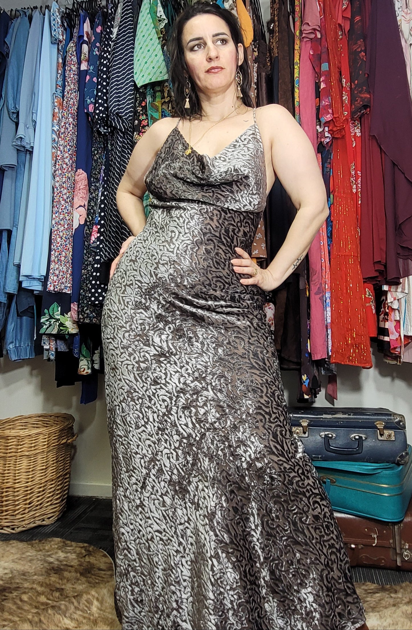 Carla Zampatti SEQUINED GOWN SILVER/GOLD Second Hand dress - Evening Dress Size 12.