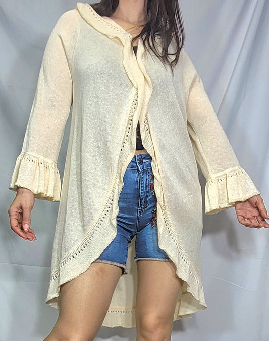Beige vintage cardigan with bell sleeves and a loose fit, in preloved condition, available in auckland nw zealand