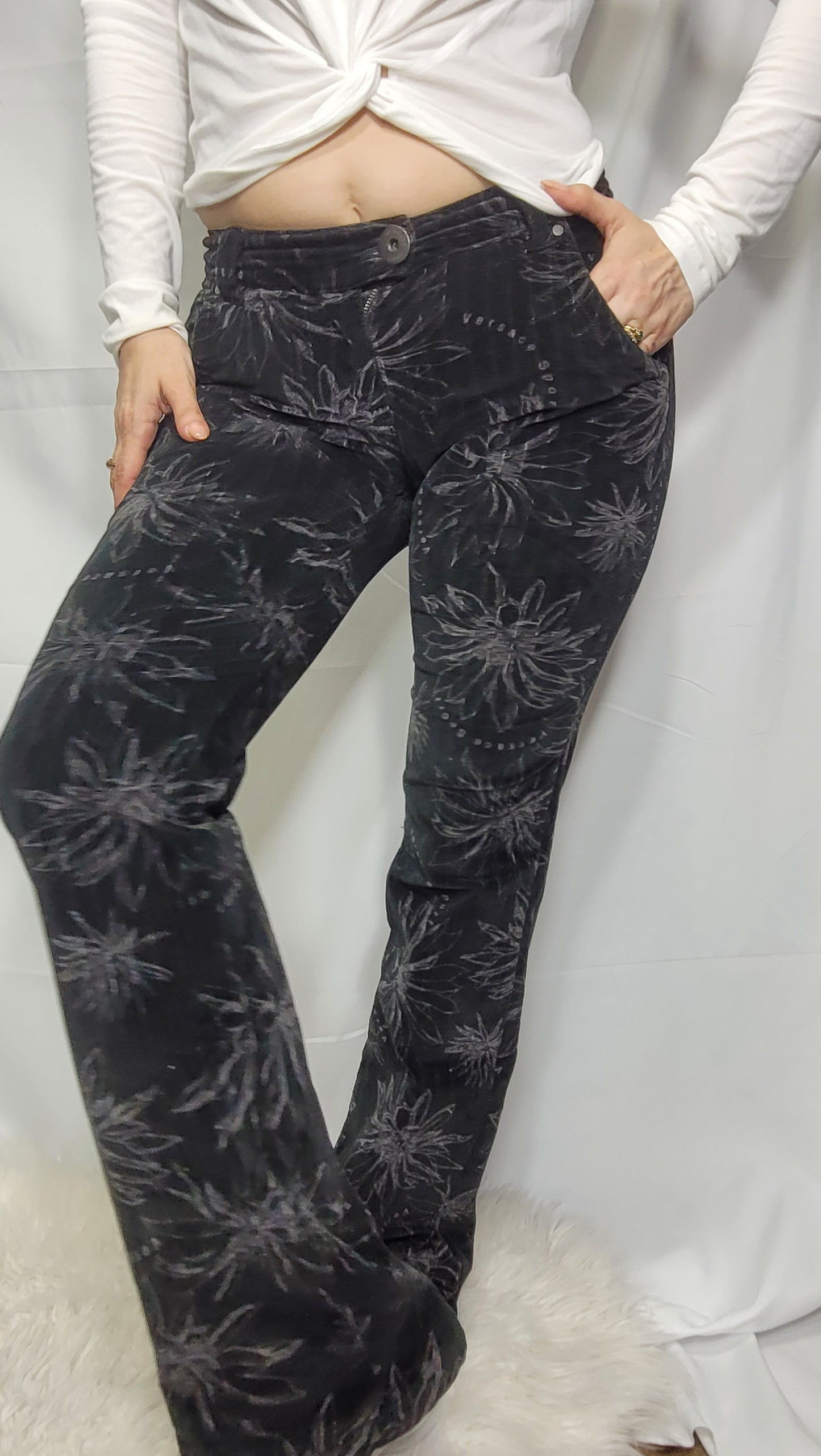 Unique used pants - Versace Flared Trousers – Striking Graphics, Size 40, Made in New Zealand for sale online, in Auckland New Zealand