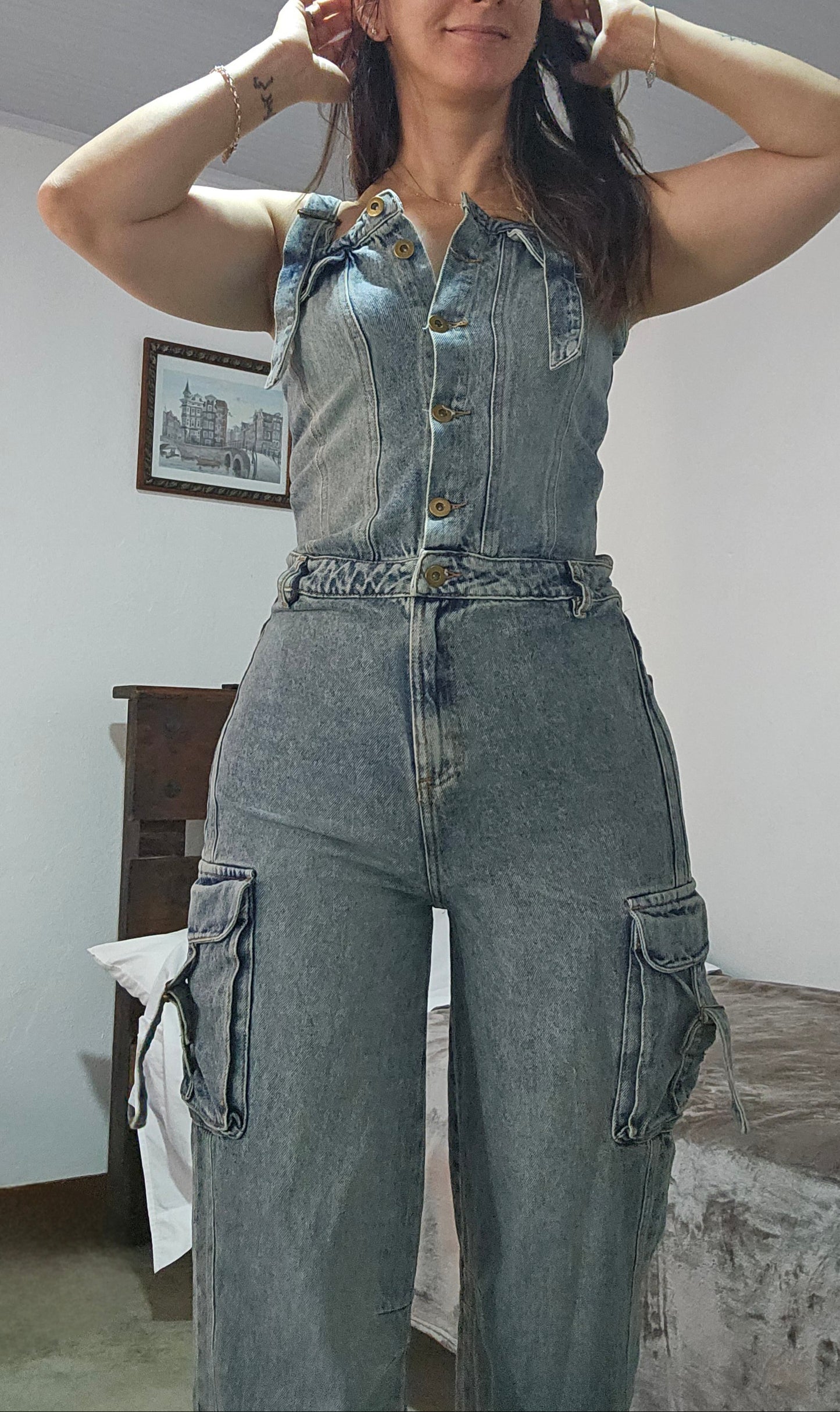 Unique Colombian Wide Leg Denim Jumpsuit Cargo style