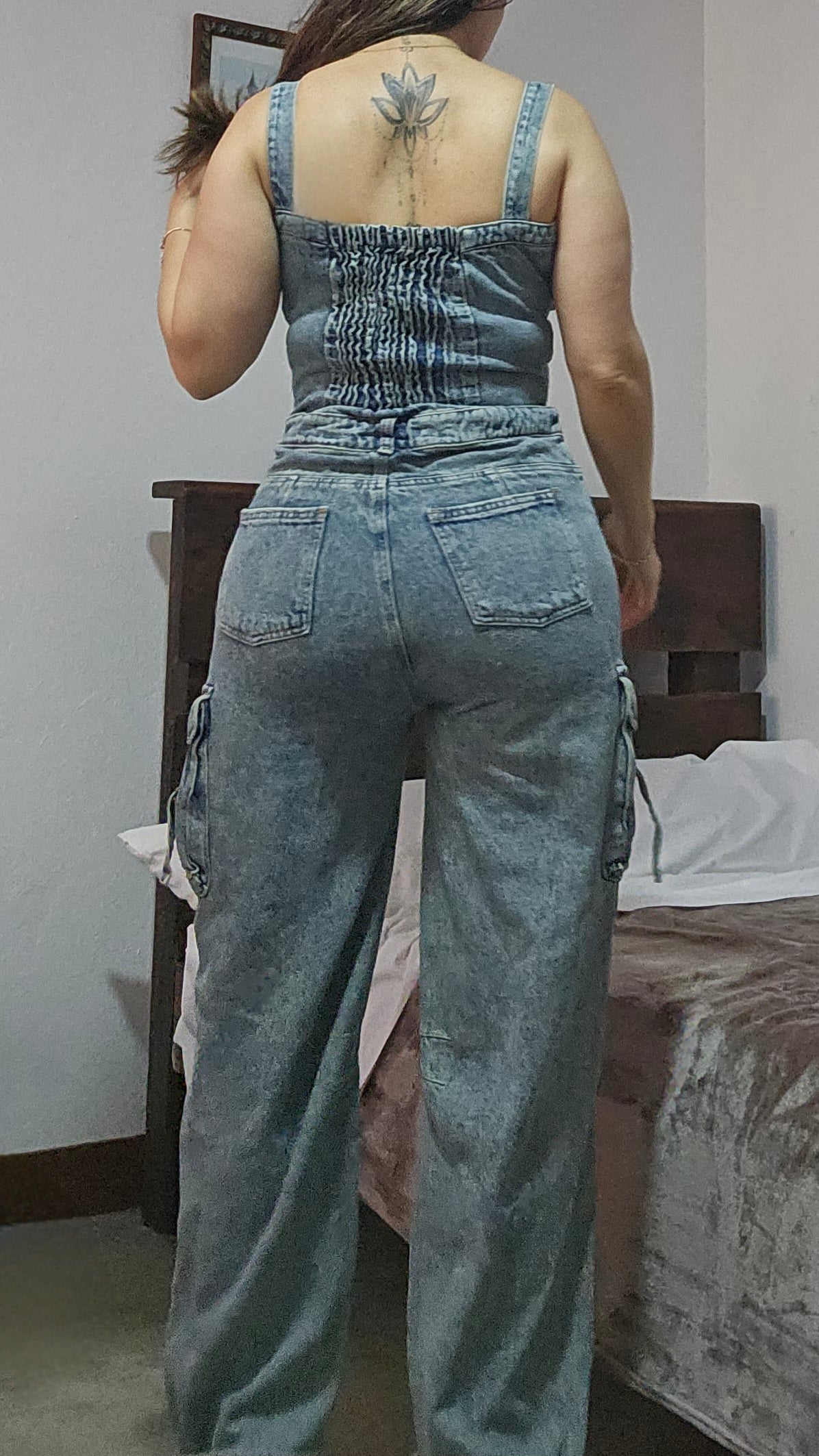 Unique Colombian Wide Leg Denim Jumpsuit Cargo style