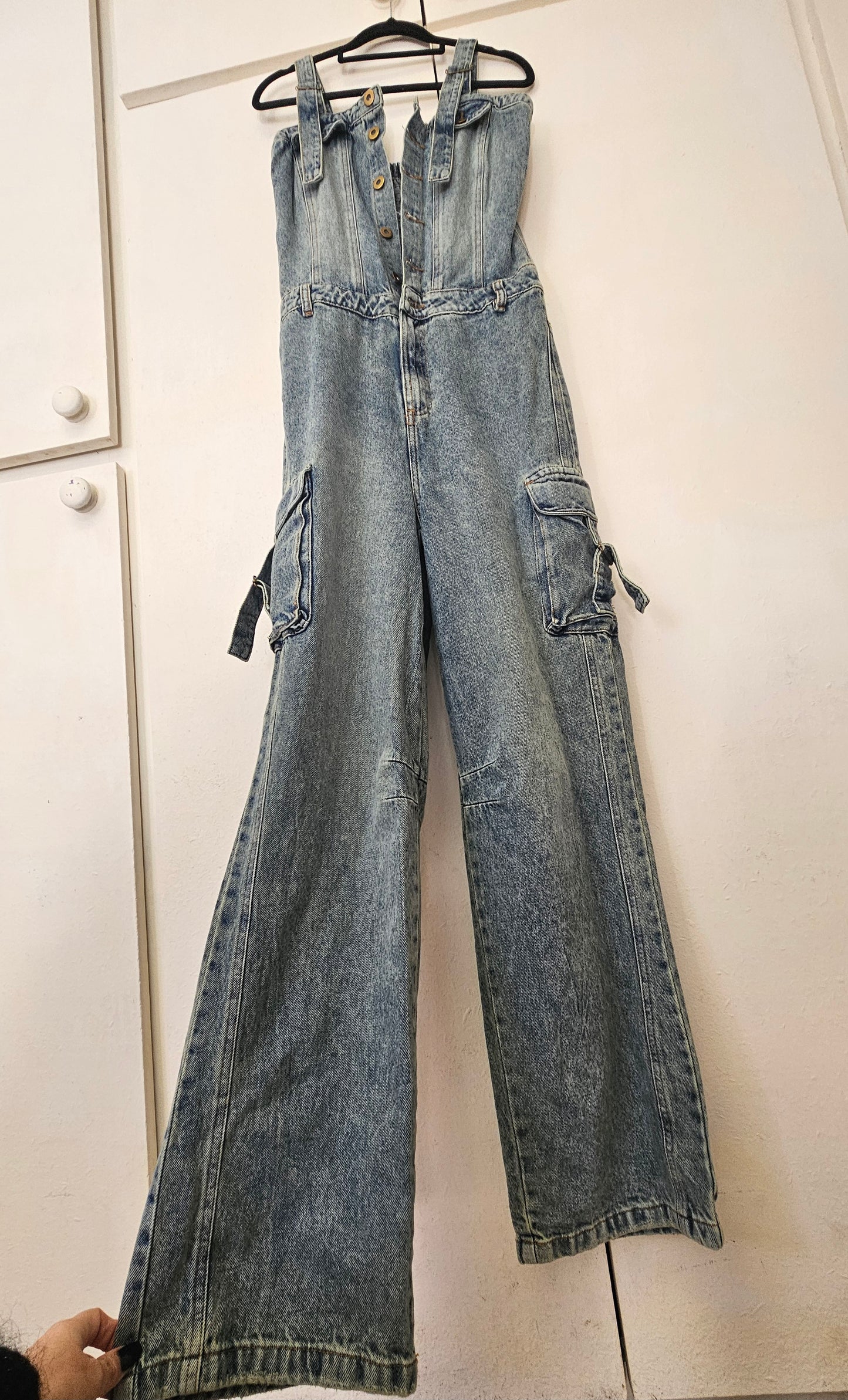 Unique Colombian Wide Leg Denim Jumpsuit Cargo style