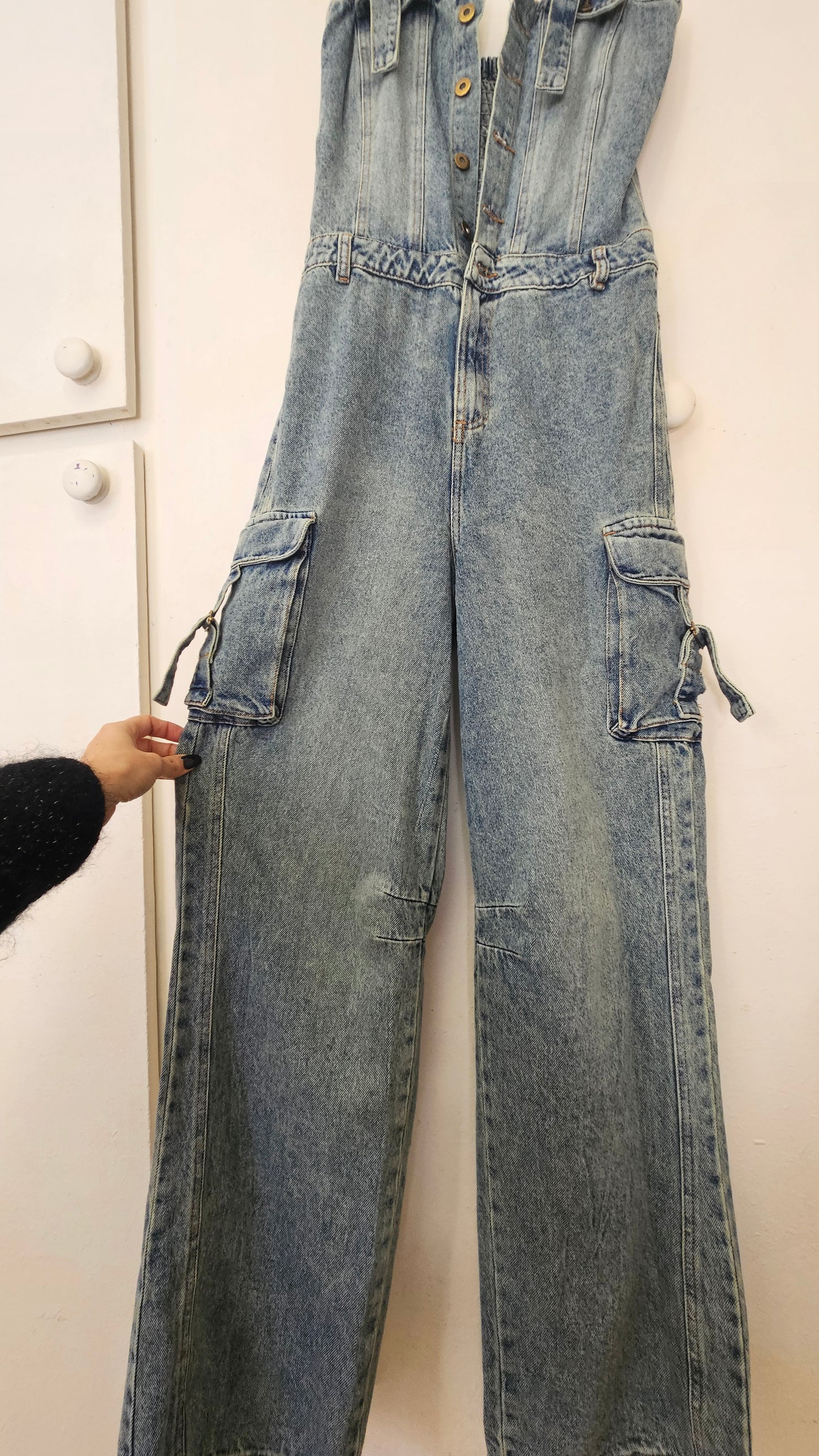 Unique Colombian Wide Leg Denim Jumpsuit Cargo style