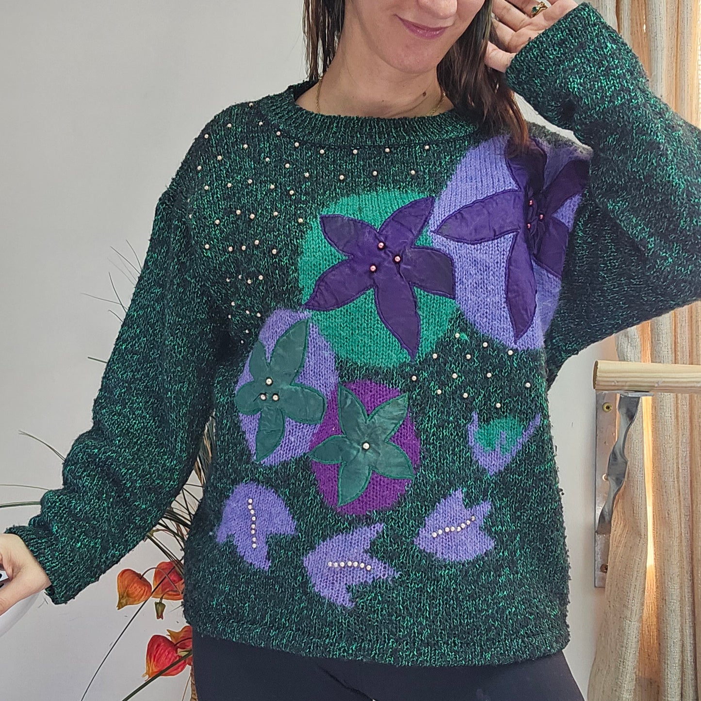 vinage sweater floral green top second hand pullover for sale in auckland