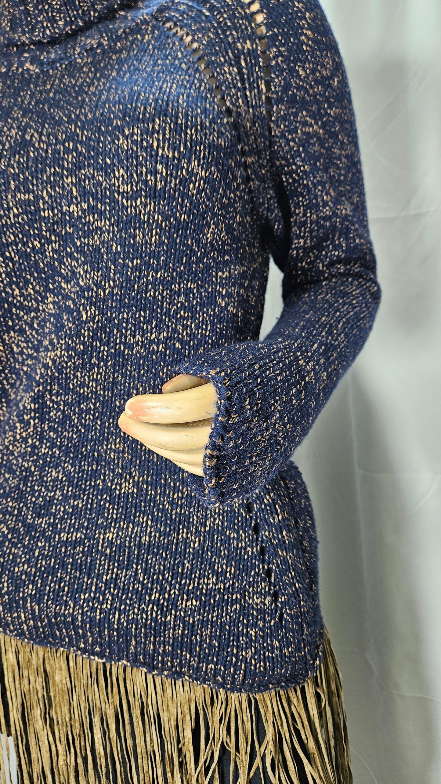 Navy Taupe Turtleneck Italian Knit Fringe Sweater Size S