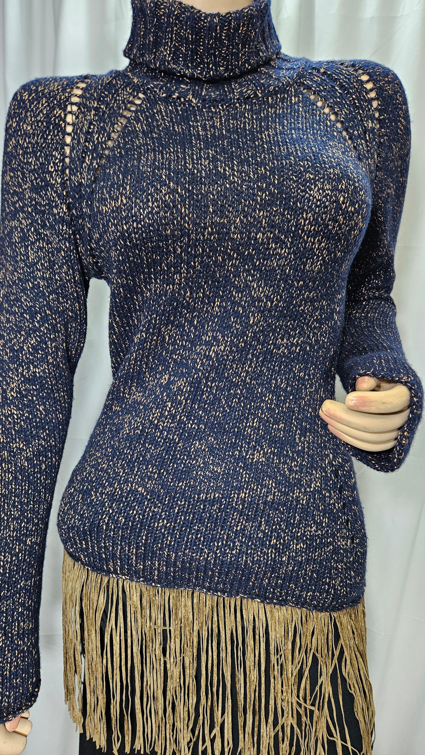 Navy Taupe Turtleneck Italian Knit Fringe Sweater Size S