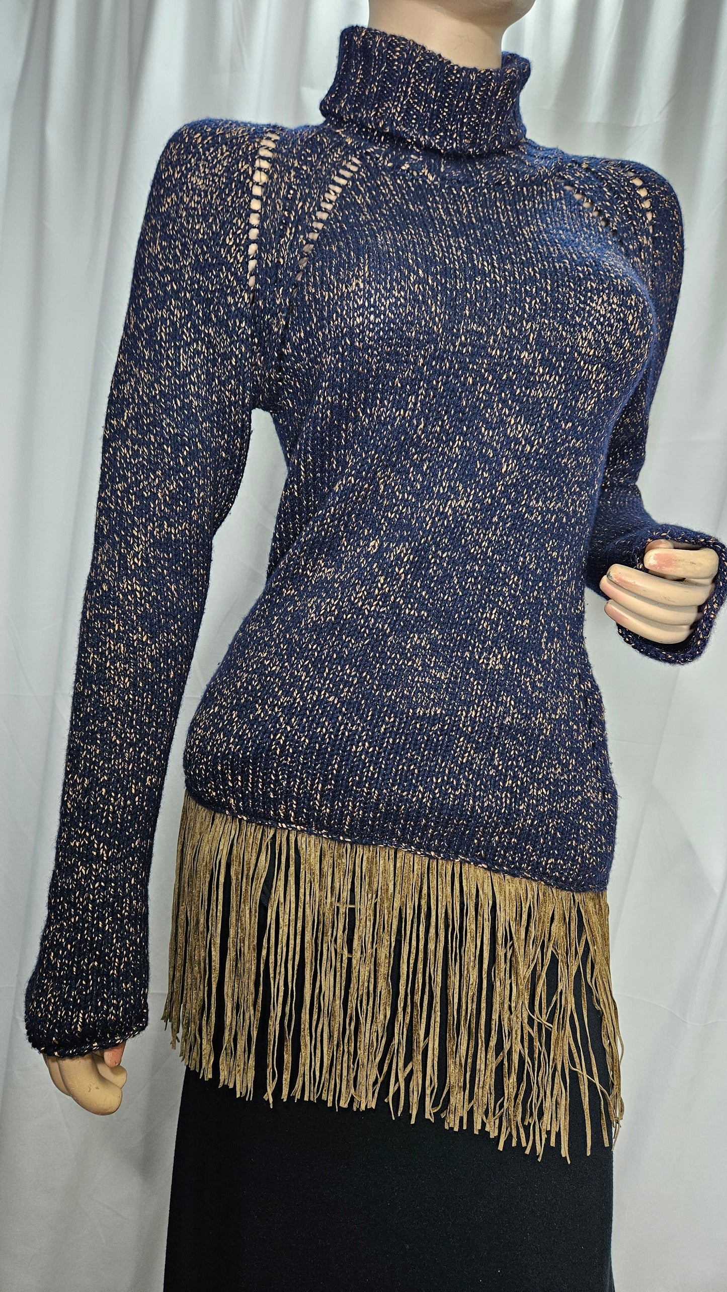 Navy Taupe Turtleneck Italian Knit Fringe Sweater Size S