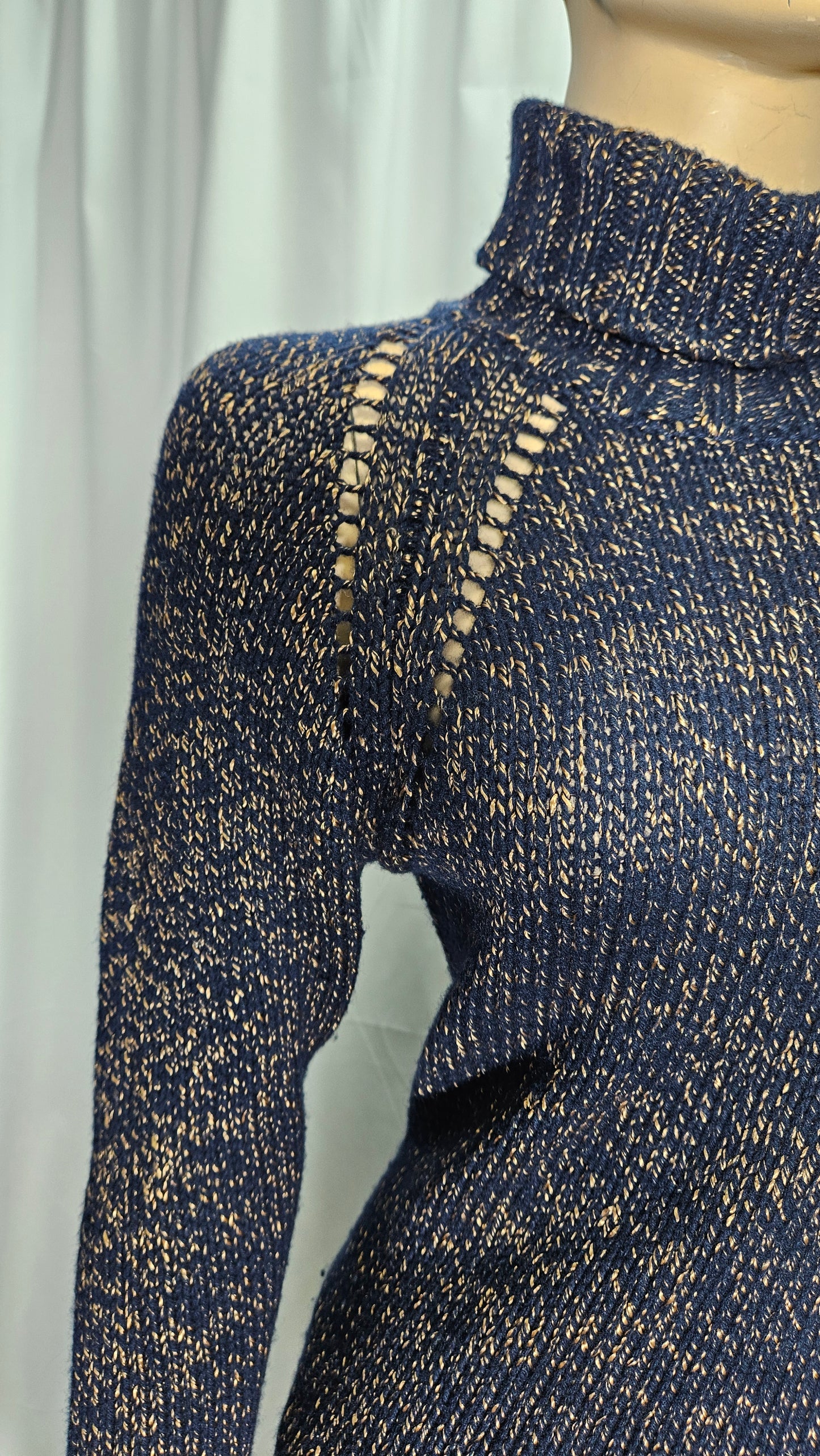 Navy Taupe Turtleneck Italian Knit Fringe Sweater Size S