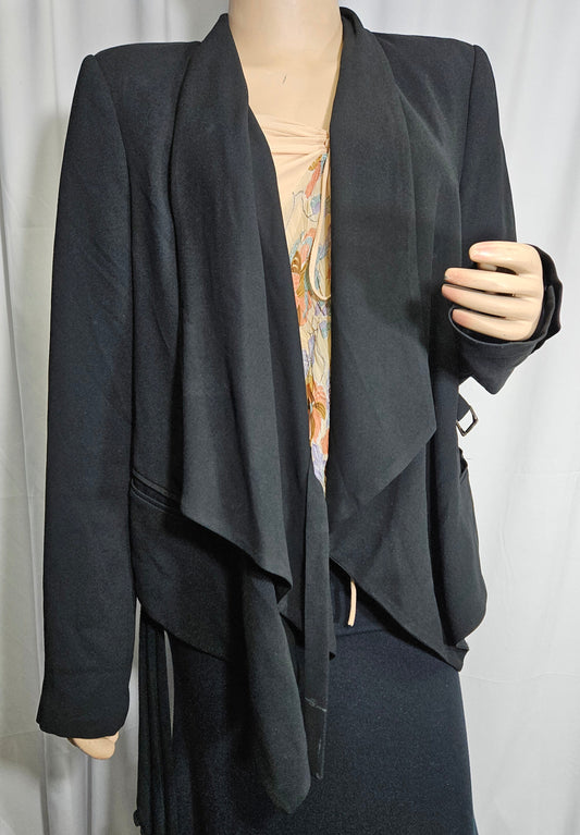A black asymmetrical blazer jacket with button details and a collar, in good preloved condition. Size 14
