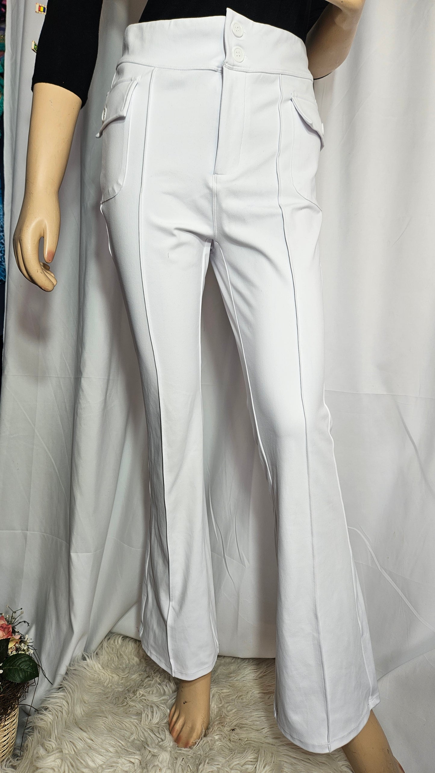 Flared stretch high waist white pants - Retro trousers