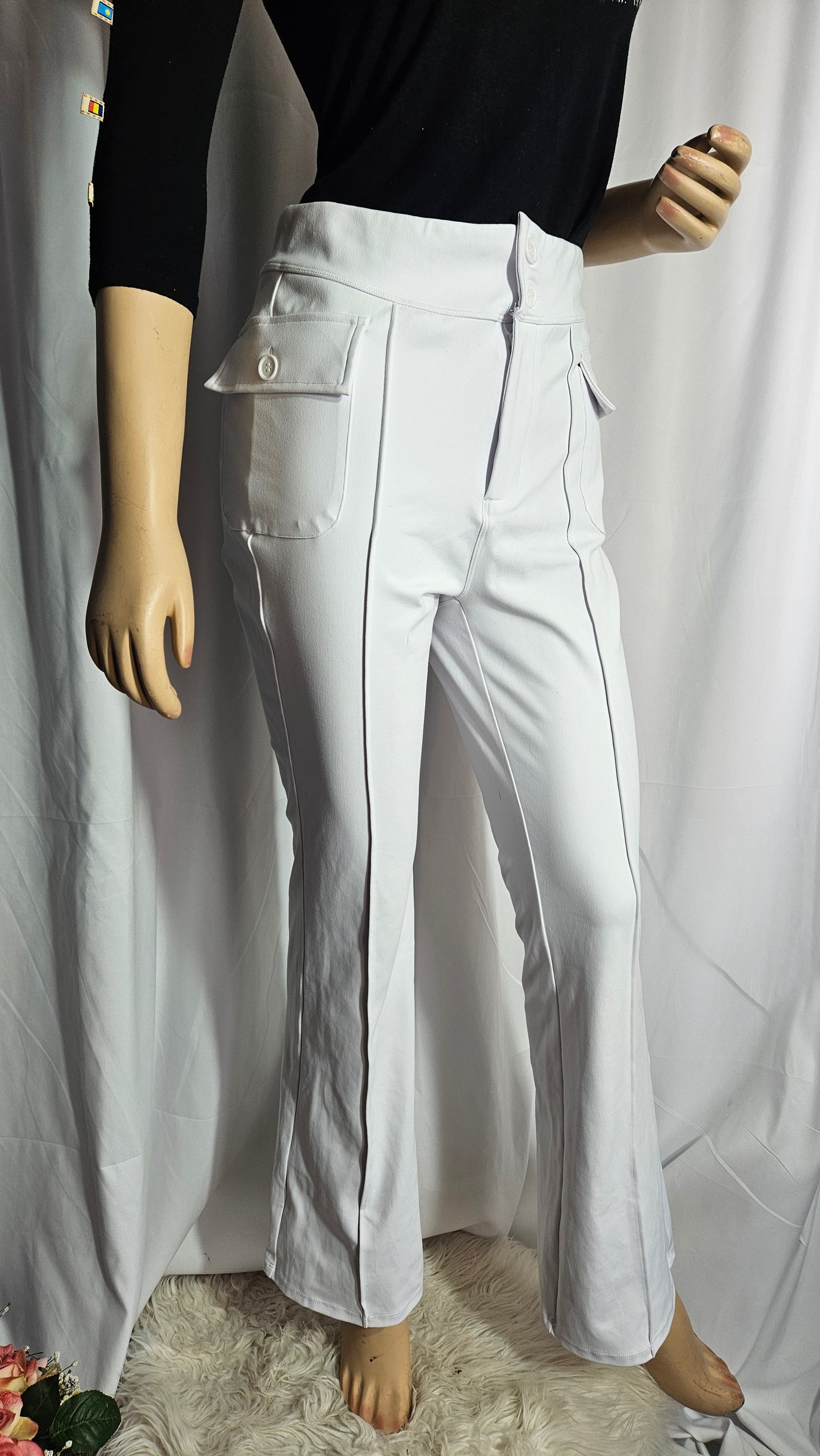 Flared stretch high waist white pants - Retro trousers
