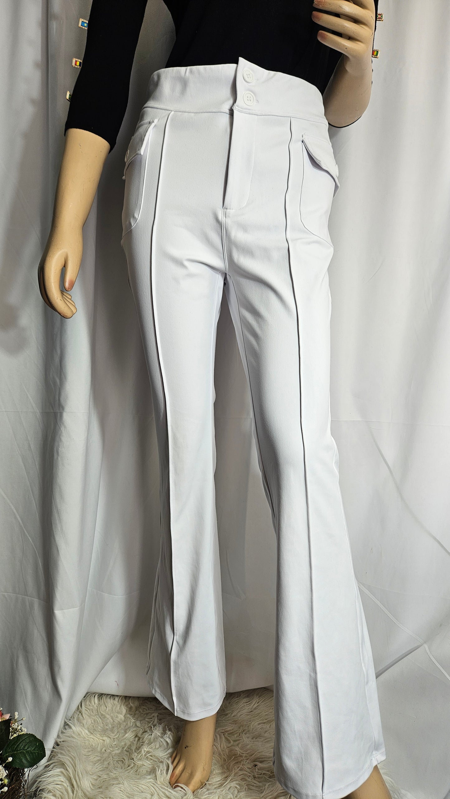 Flared stretch high waist white pants - Retro trousers