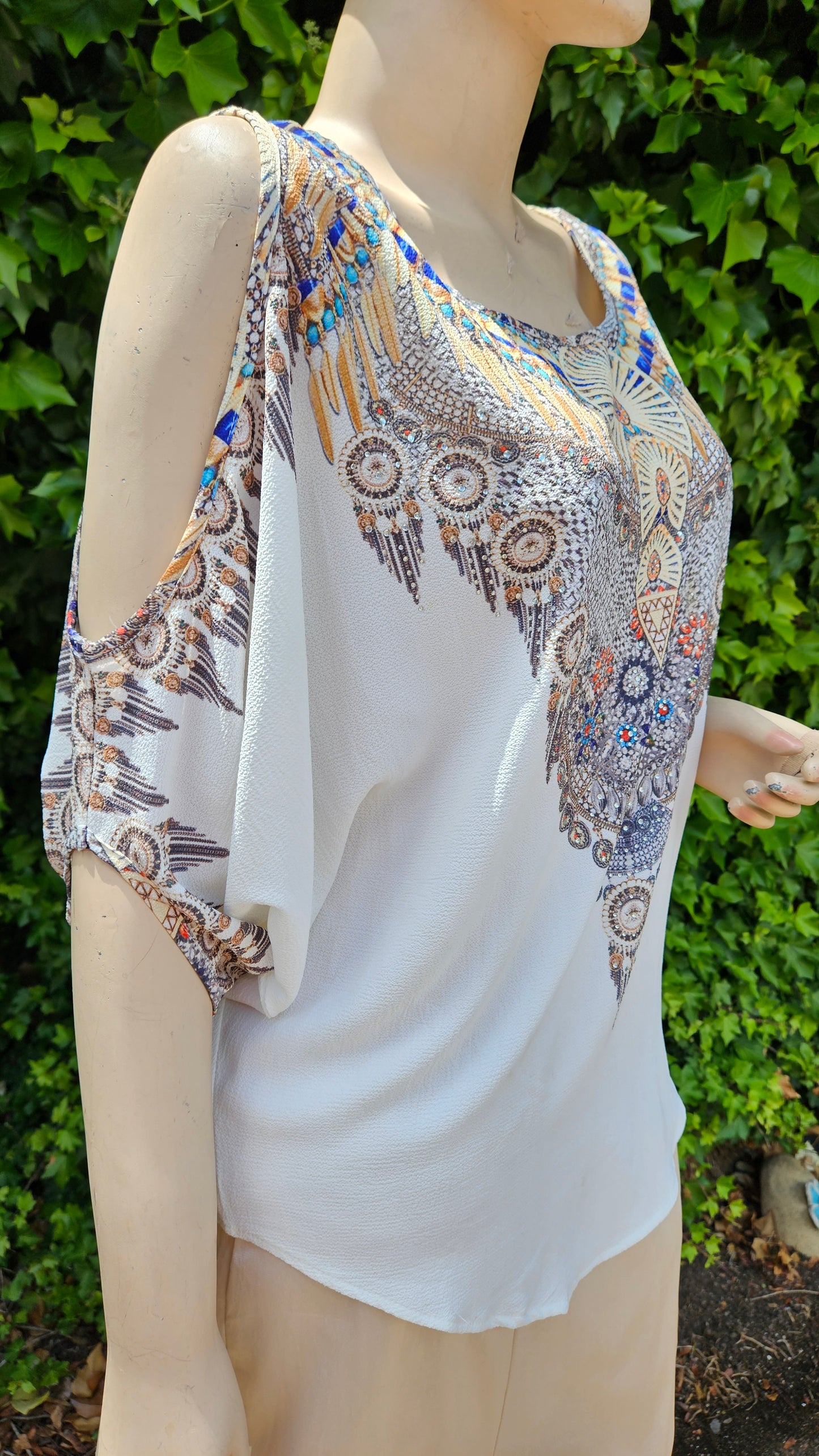 Beautiful bohemian style Blouse - Top - Ladies White Boho Print Open Sleeve Top