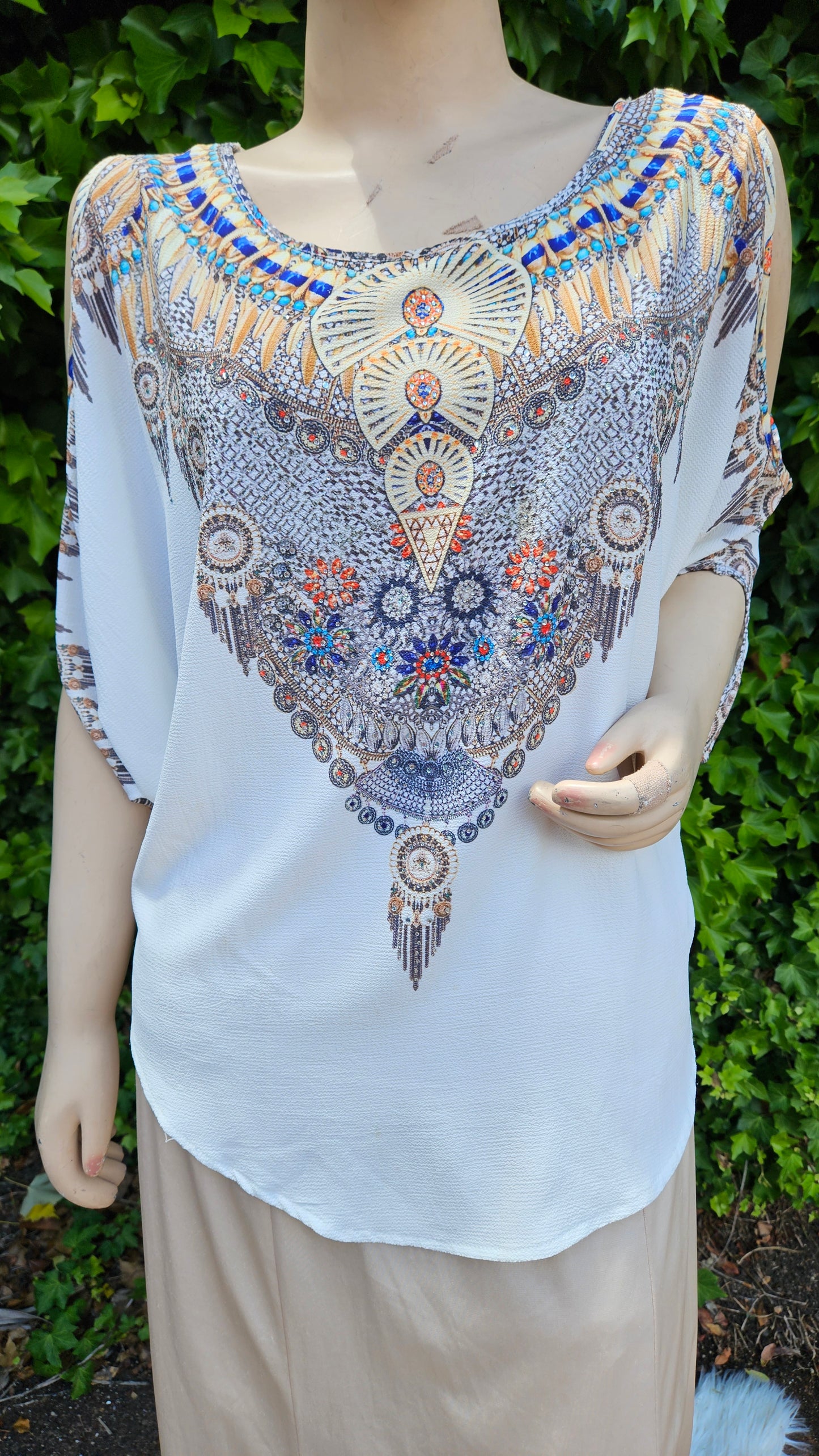 Beautiful bohemian style Blouse - Top - Ladies White Boho Print Open Sleeve Top
