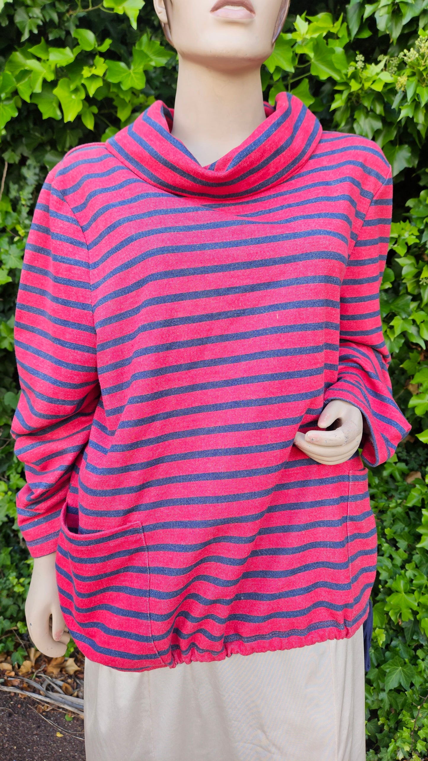 Curvy Top Gray Red Striped Cowl Neck Retro style top 3XL
