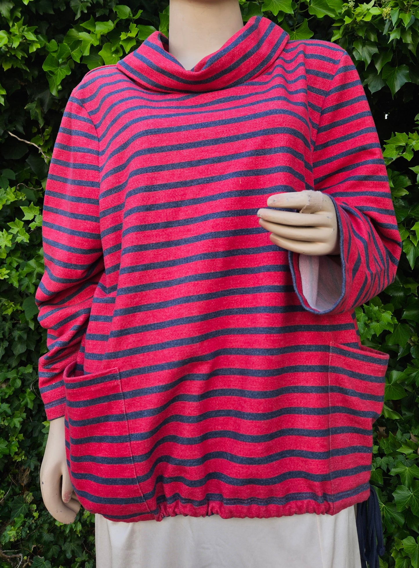 Curvy Top Gray Red Striped Cowl Neck Retro style top 3XL