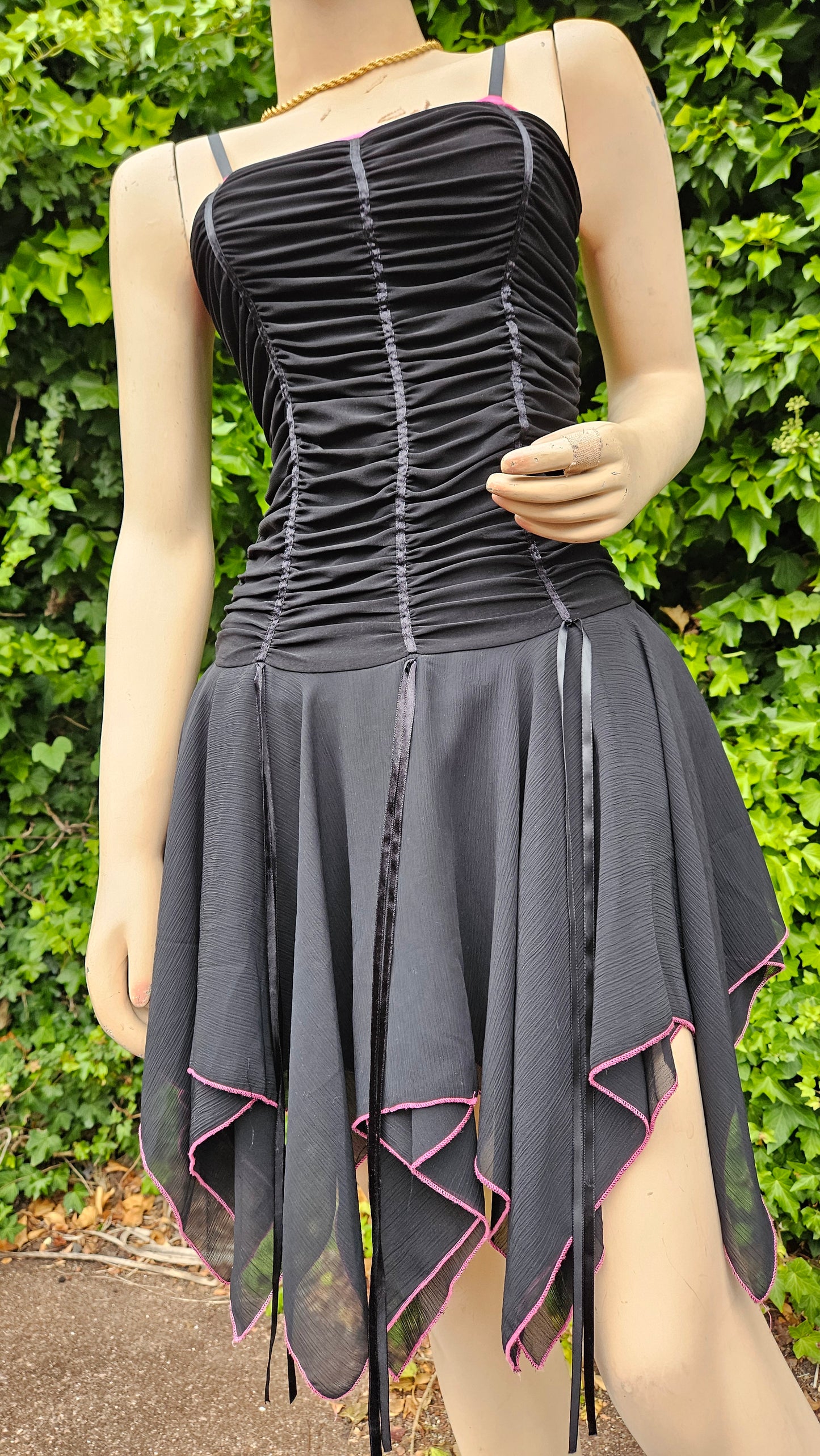 Lovely vintage Black & Pink Ruched dress- y2k asymmetrical hem Dress