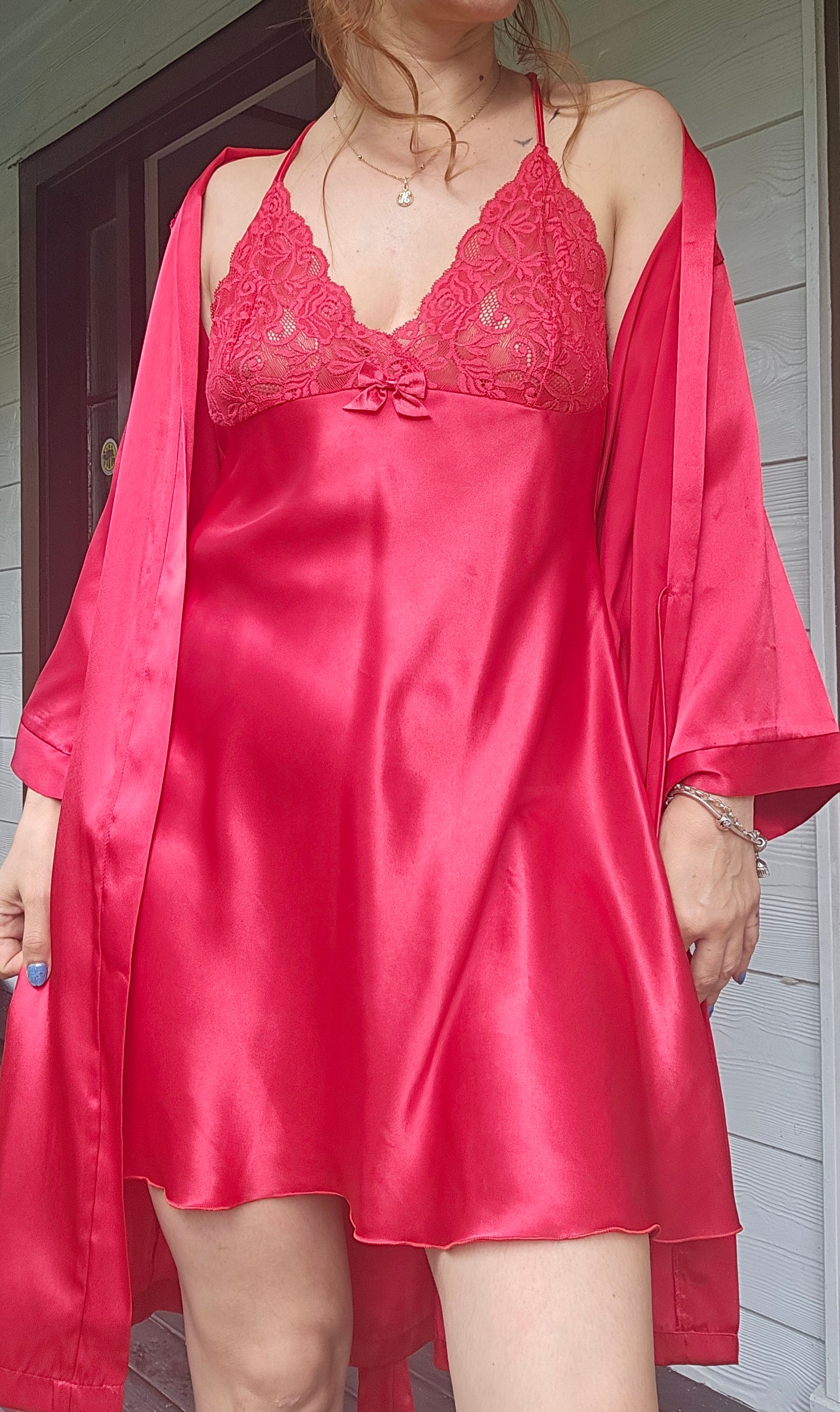 Hilton Lace Belted Satin Robe Set with slip dress Slip dress - lingerie
