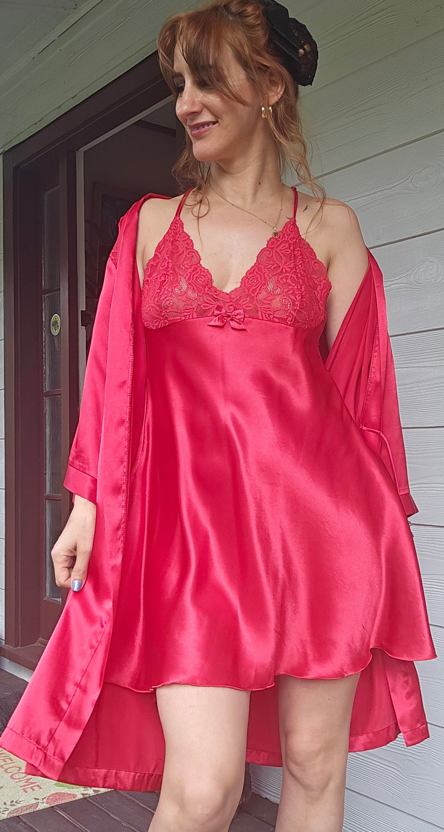 Hilton Lace Belted Satin Robe Set with slip dress Slip dress - lingerie