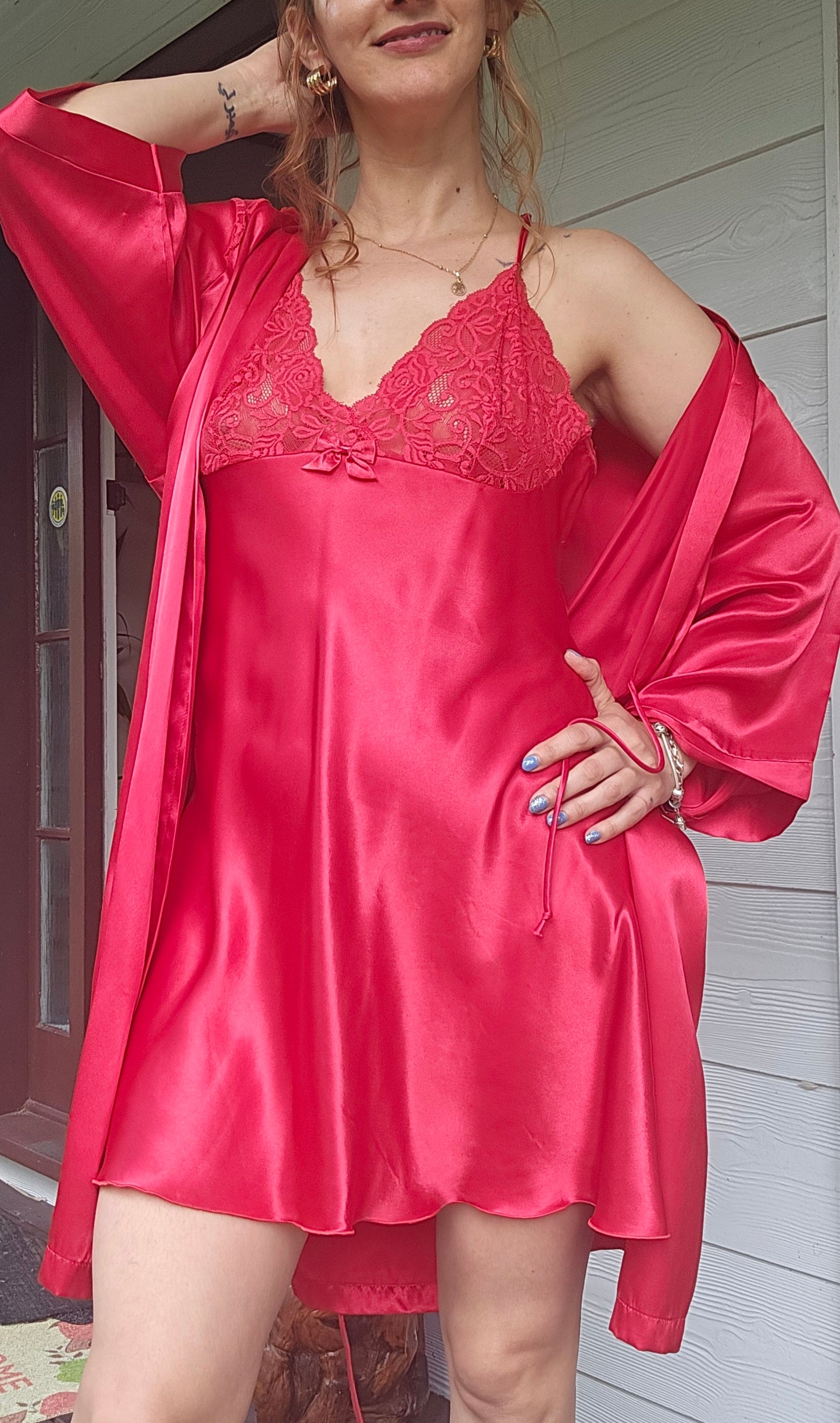 Hilton Lace Belted Satin Robe Set with slip dress Slip dress - lingerie