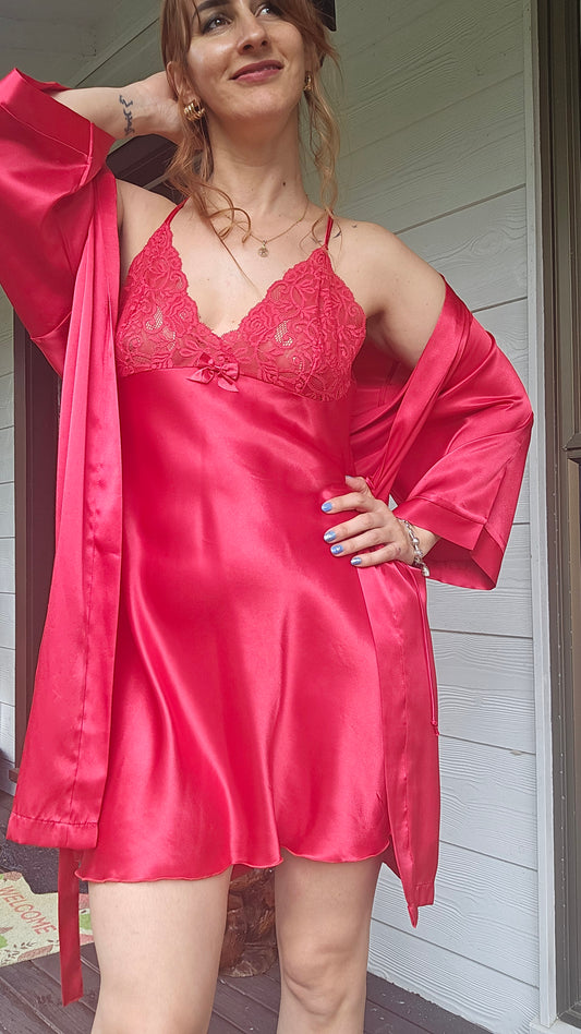 Hilton Lace Belted Satin Robe Set with slip dress Slip dress - lingerie