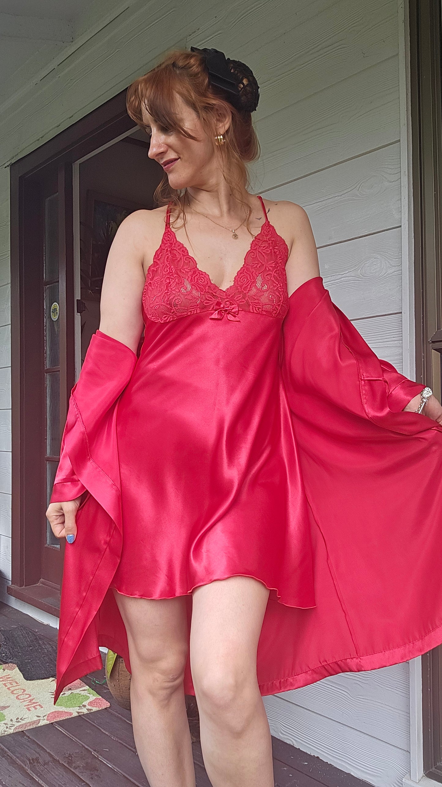 Hilton Lace Belted Satin Robe Set with slip dress Slip dress - lingerie