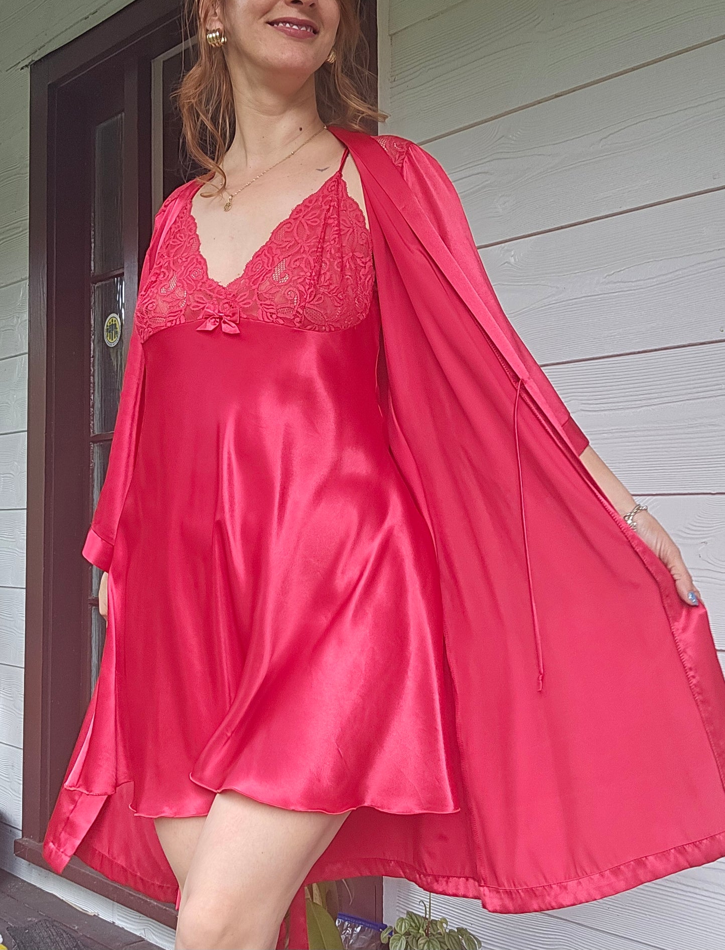 Hilton Lace Belted Satin Robe Set with slip dress Slip dress - lingerie