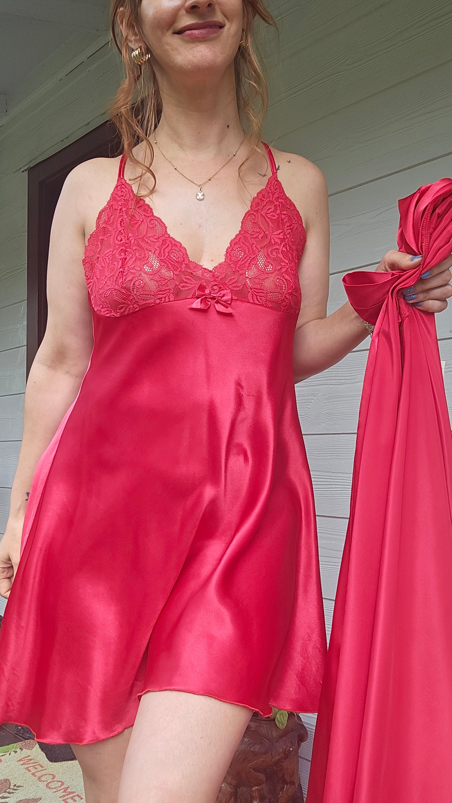 Hilton Lace Belted Satin Robe Set with slip dress Slip dress - lingerie