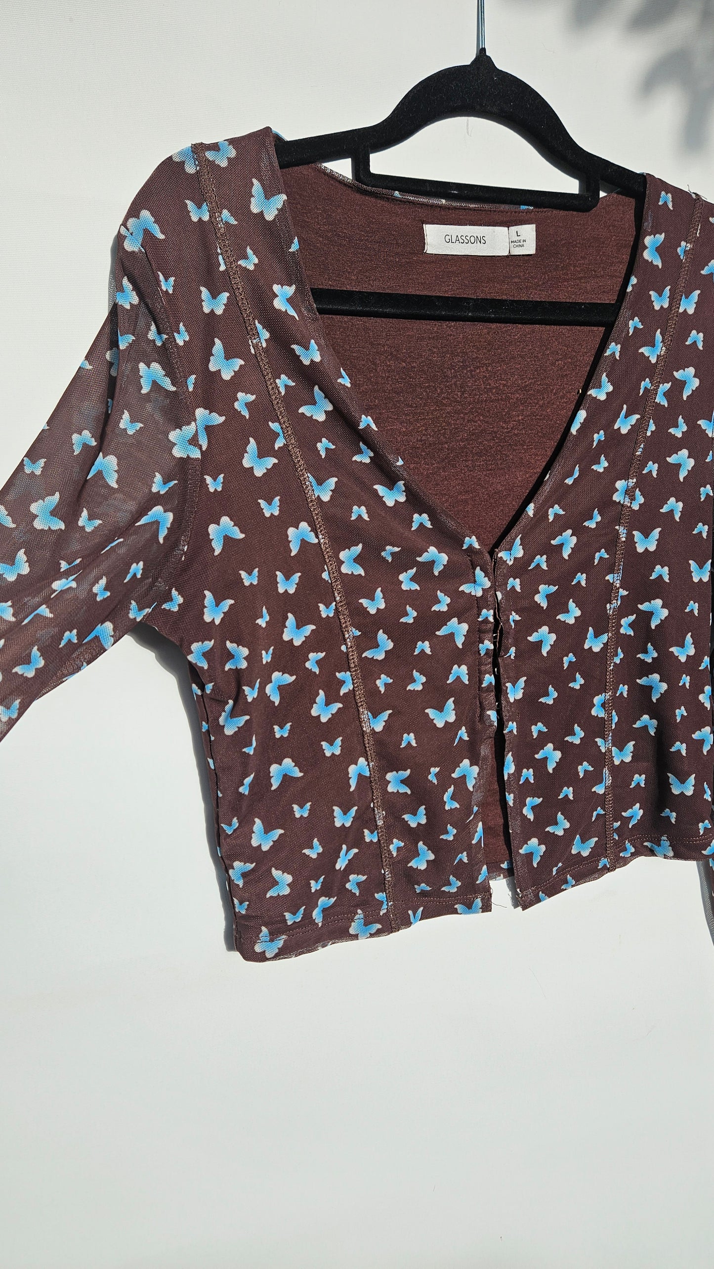 Glassons Women's Brown and Blue Mesh Top - Cardi Long Sleeves crop top