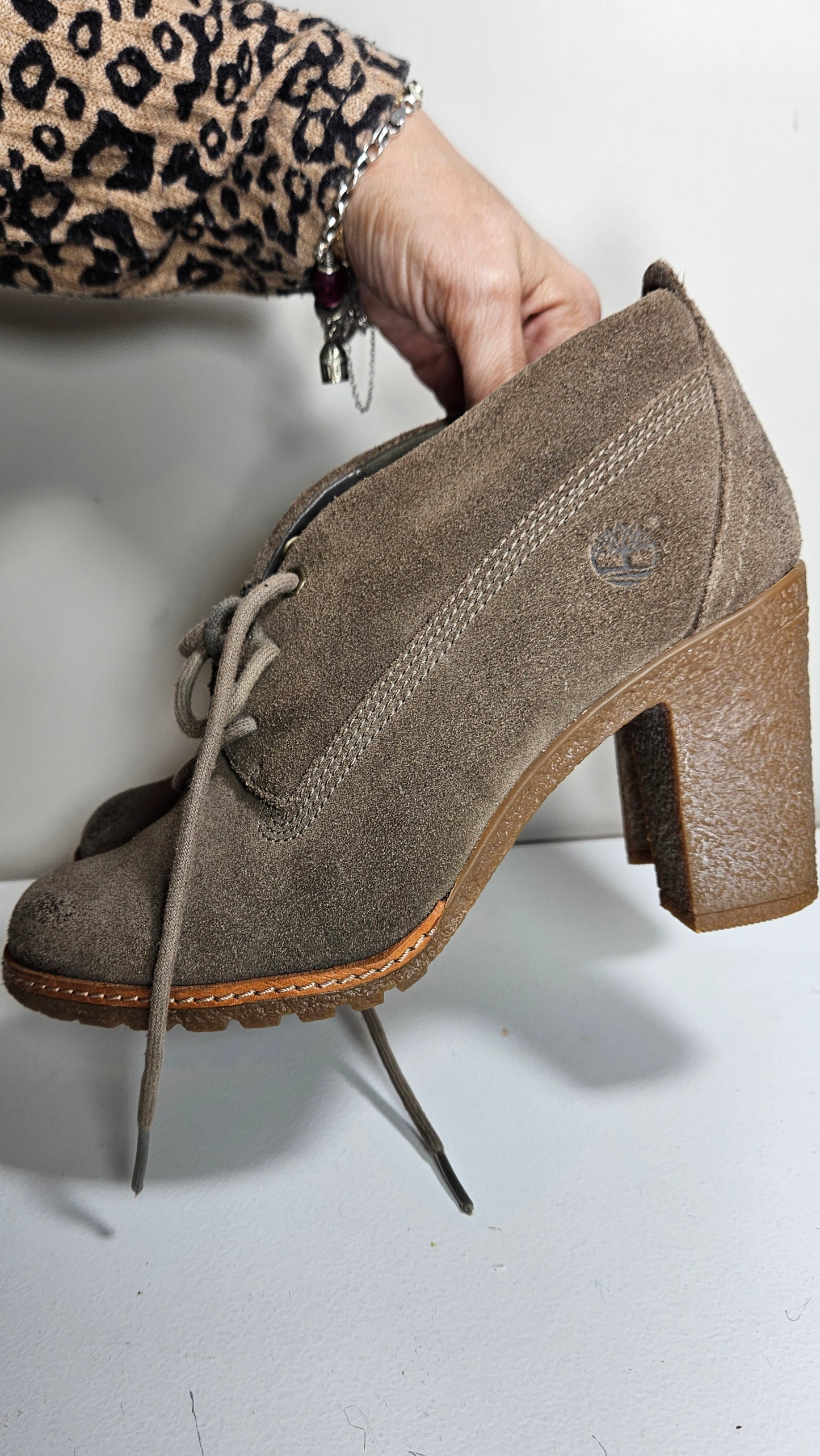 Stunning TIMBERLAND GLANCY Chukka Ankle BOOTS SUEDE High Heels Lace UpsBoots Size 38.
