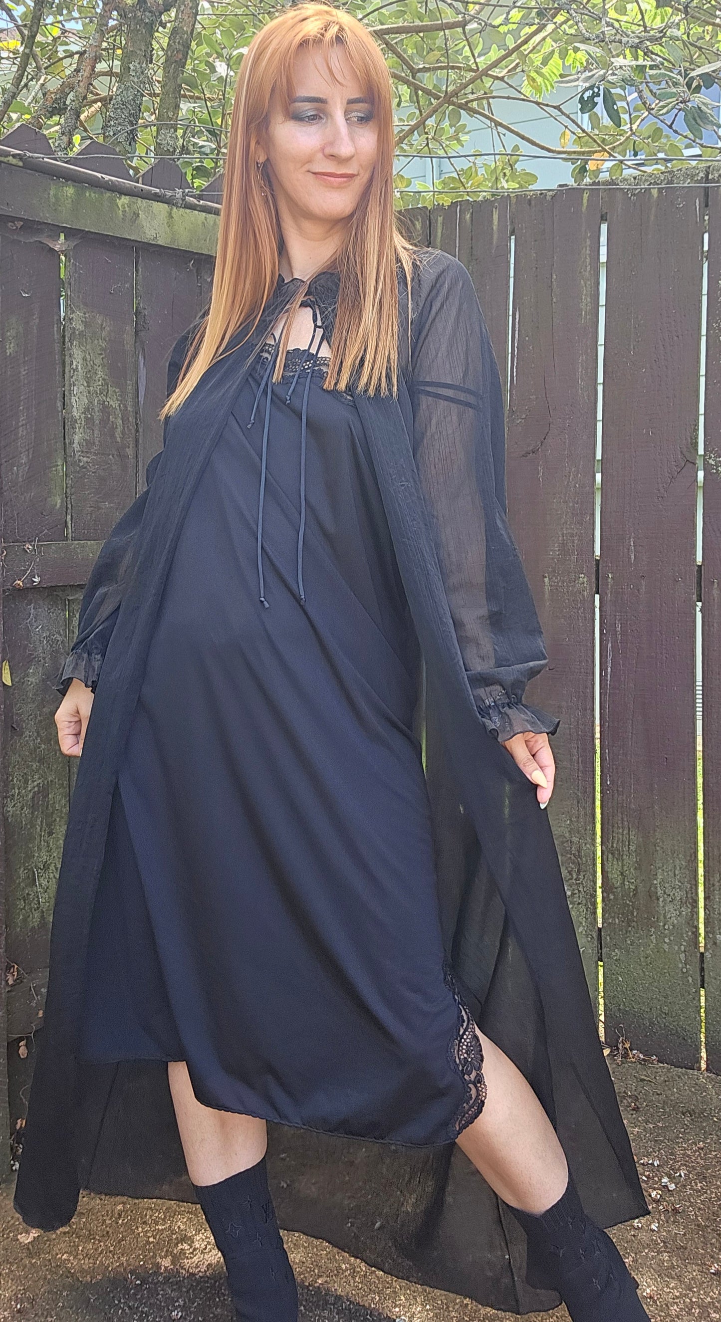 Nz Vintage black Robe & Slip dress Lingerie lace Gown Vintage Robe