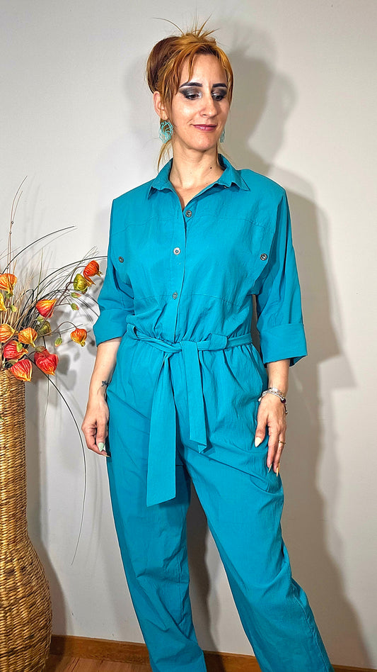 vintage 1980s turquoise jumpsuit with a belt, in good preloved condition. size 10 in Auckland available at out online second hand store paothrift.co.nz