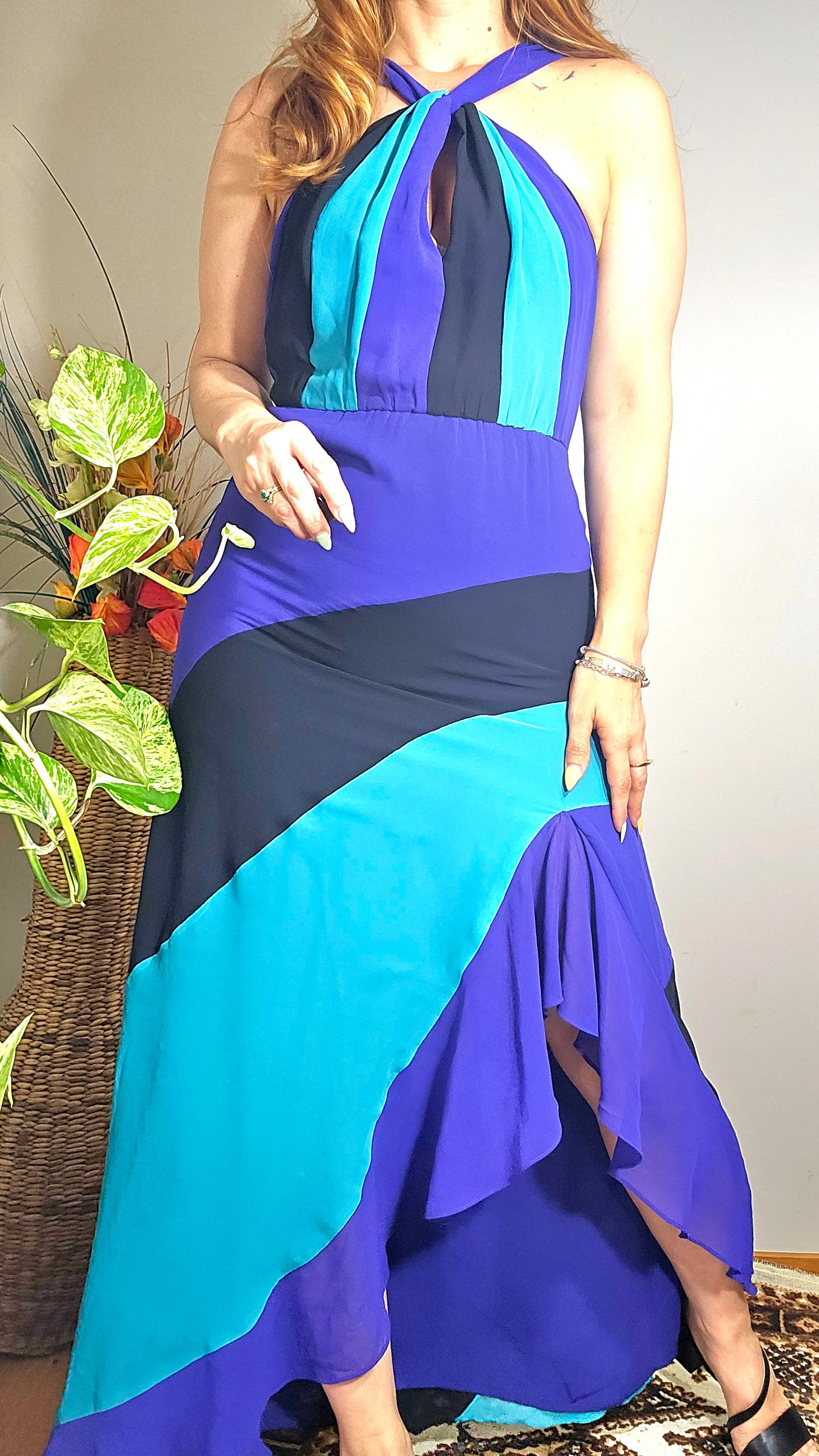 SEDUCE Purple Aqua Black Colour Block Evening Dress