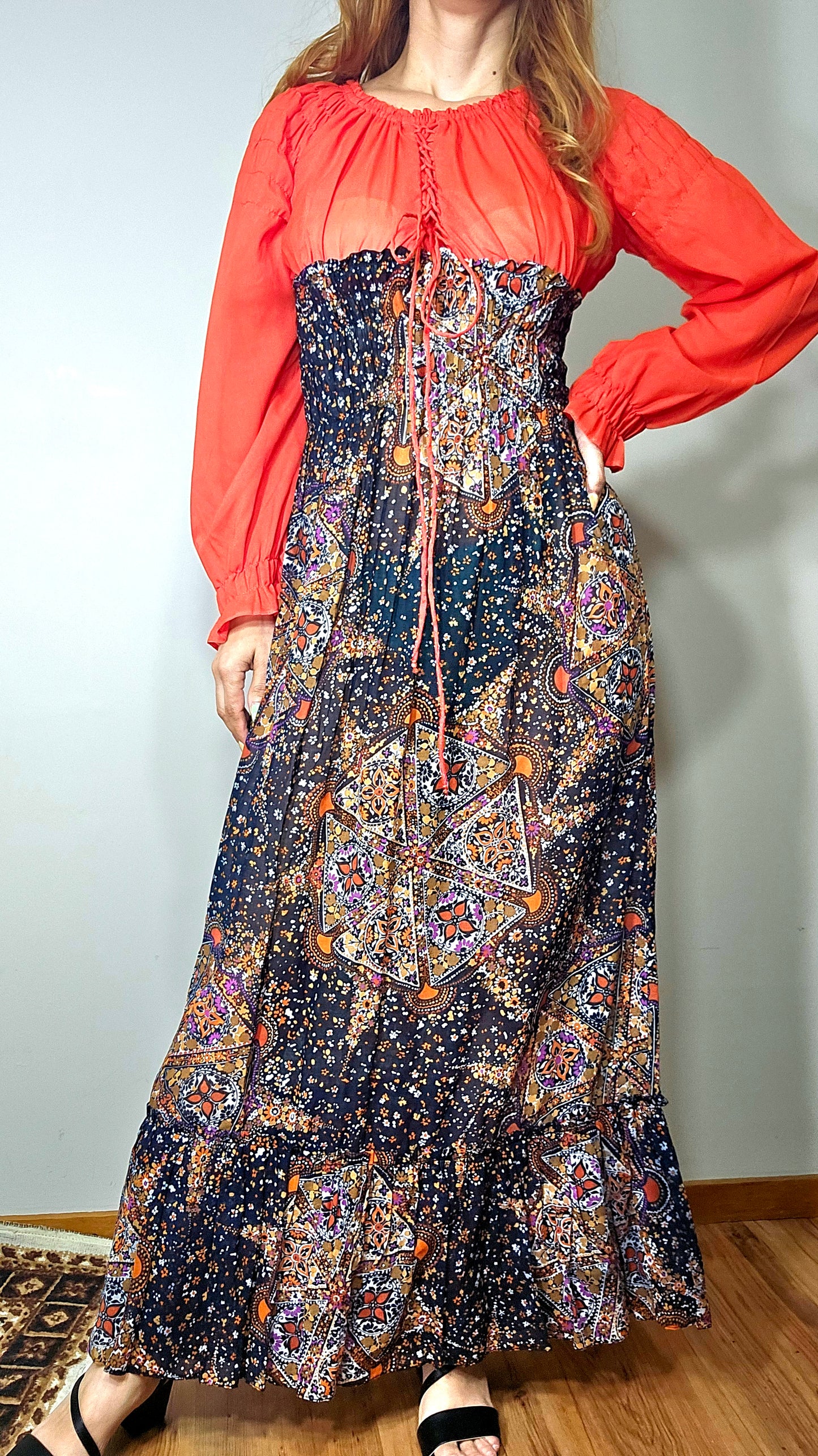 long maxi dress in a bohemian style with long sleeves and elasticated waist size 8 for sale in Auckland