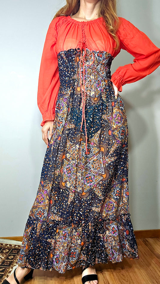 long maxi dress in a bohemian style with long sleeves and elasticated waist size 8 for sale in Auckland