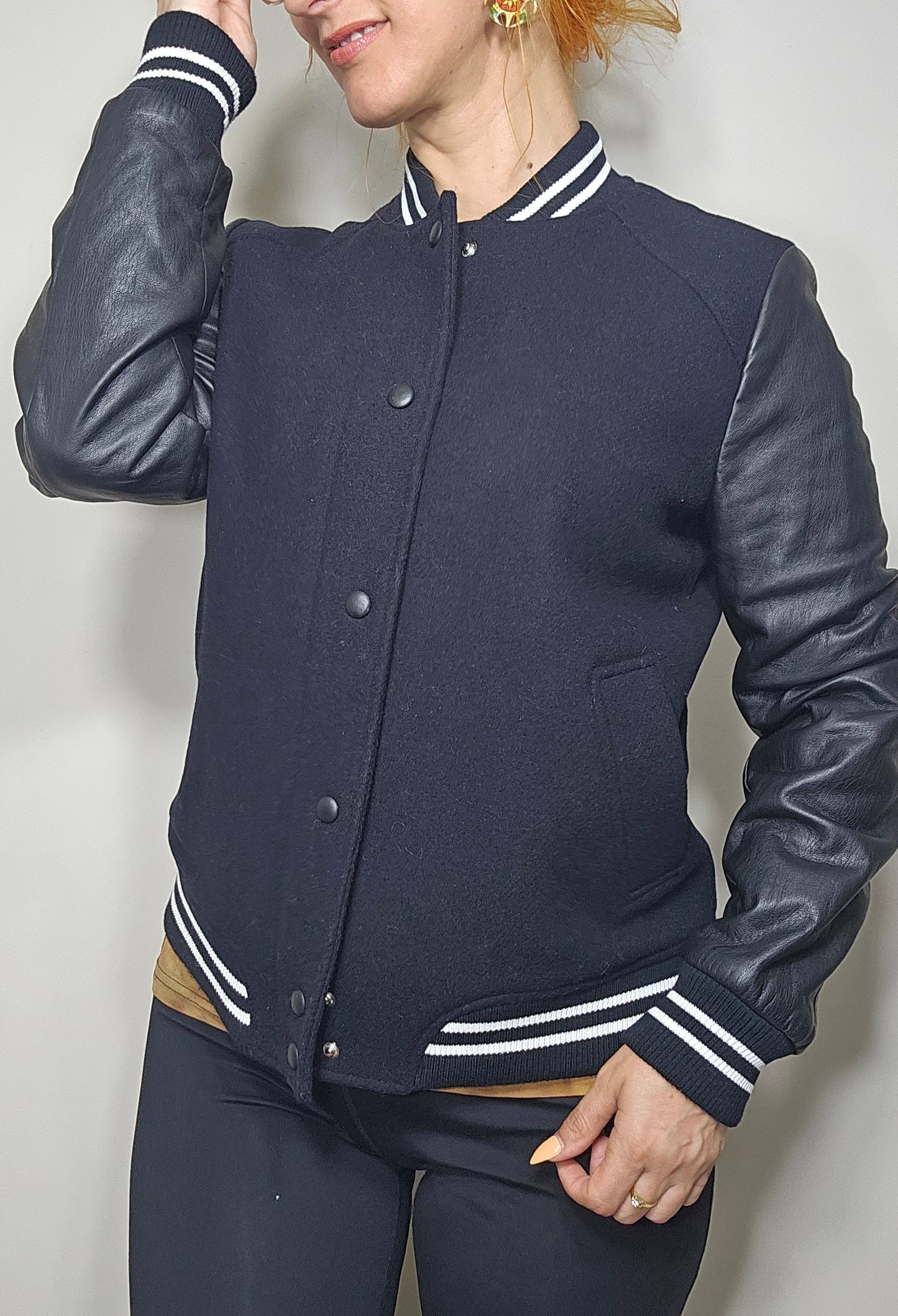 ZARA WOMEN'S BLACK WOOL COLLEGIATE BOMBER JACKET W/ White Trim & Leather sleeves. Zara Trafaluc outerwear Button Up Jacket - Zara Jacket