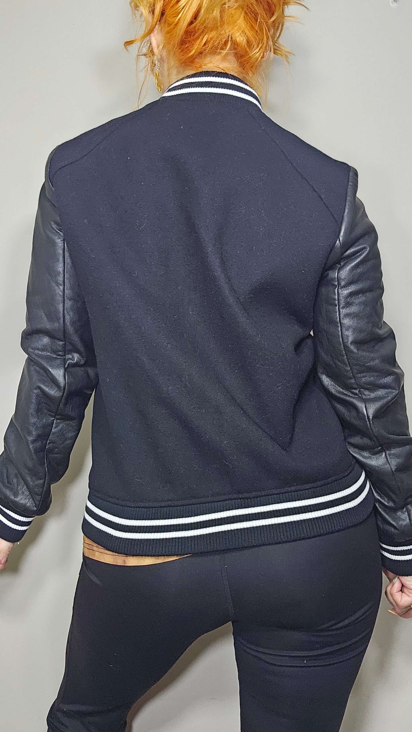 ZARA WOMEN'S BLACK WOOL COLLEGIATE BOMBER JACKET W/ White Trim & Leather sleeves. Zara Trafaluc outerwear Button Up Jacket - Zara Jacket