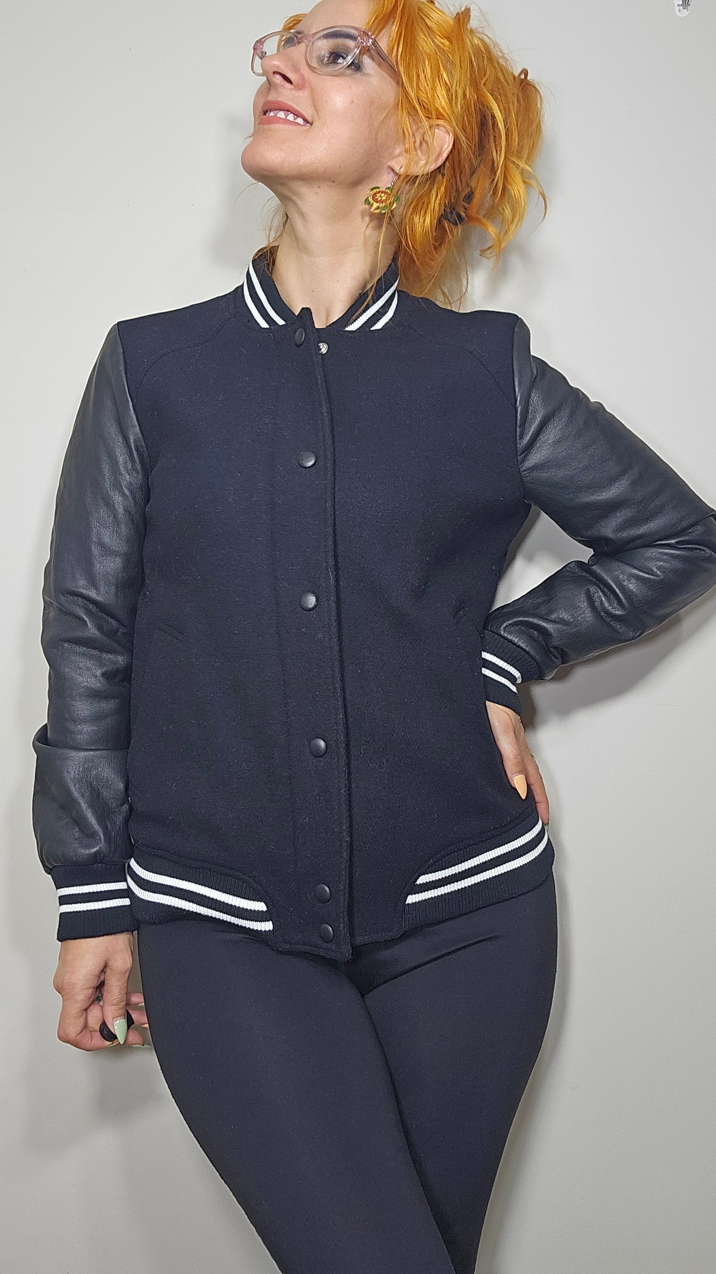 ZARA WOMEN'S BLACK WOOL COLLEGIATE BOMBER JACKET W/ White Trim & Leather sleeves. Zara Trafaluc outerwear Button Up Jacket - Zara Jacket