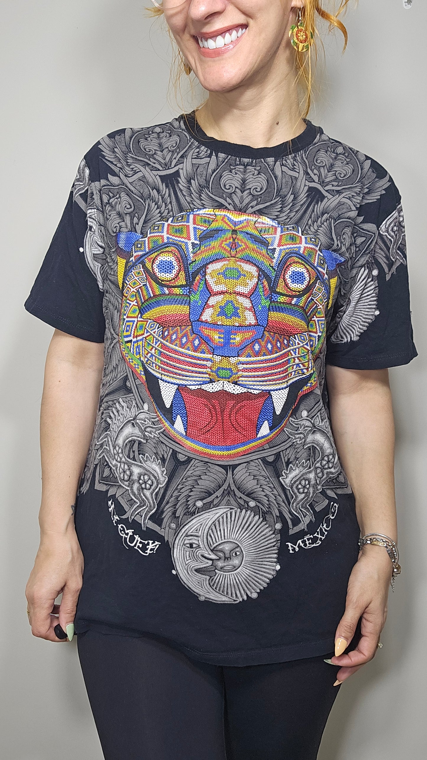 AY GUEY! Mexican top Black Short Sleeve T-Shirt Colorful Jaguar Tee T-Shirt Tee second-hand find