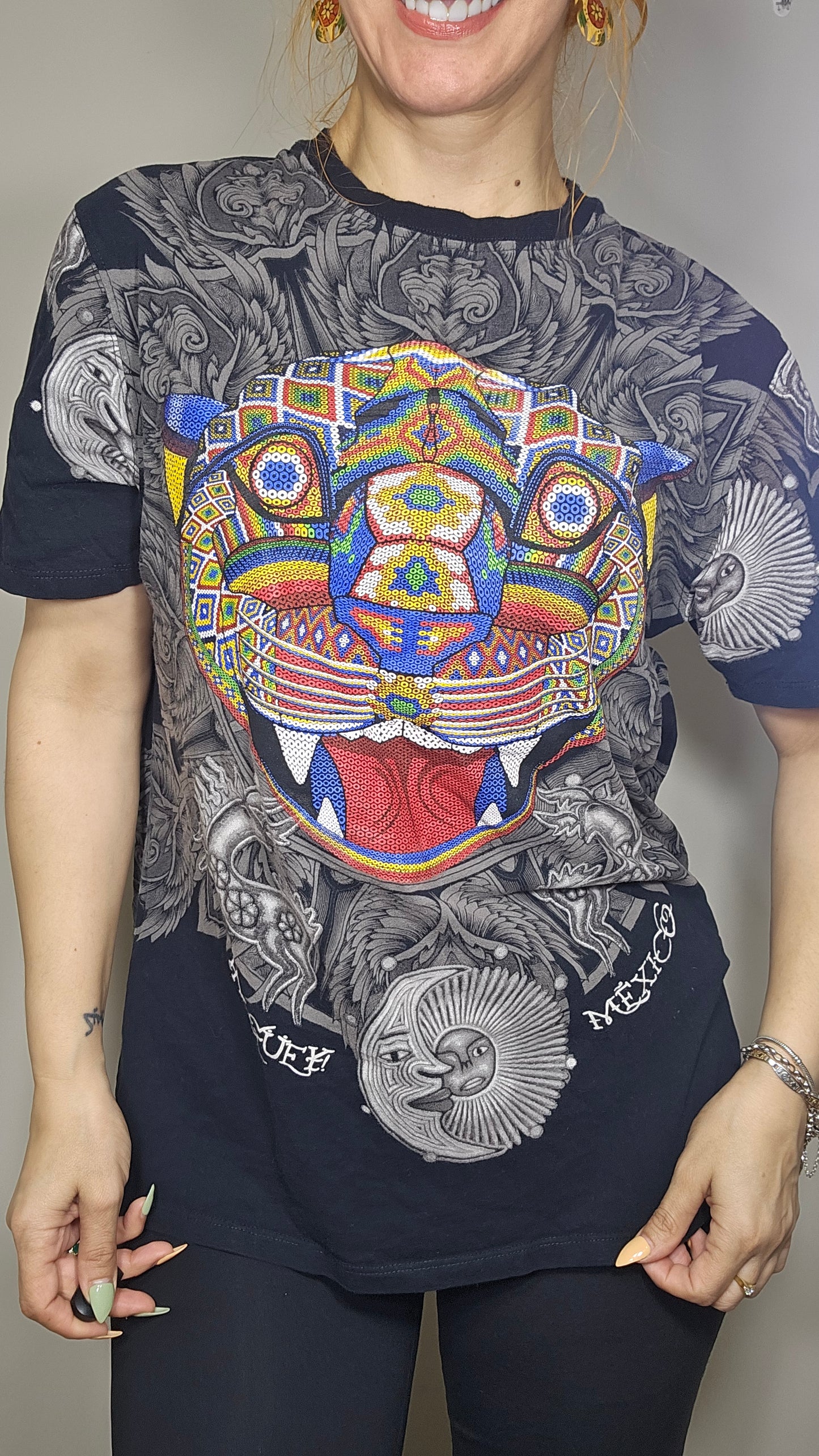 AY GUEY! Mexican top Black Short Sleeve T-Shirt Colorful Jaguar Tee T-Shirt Tee second-hand find