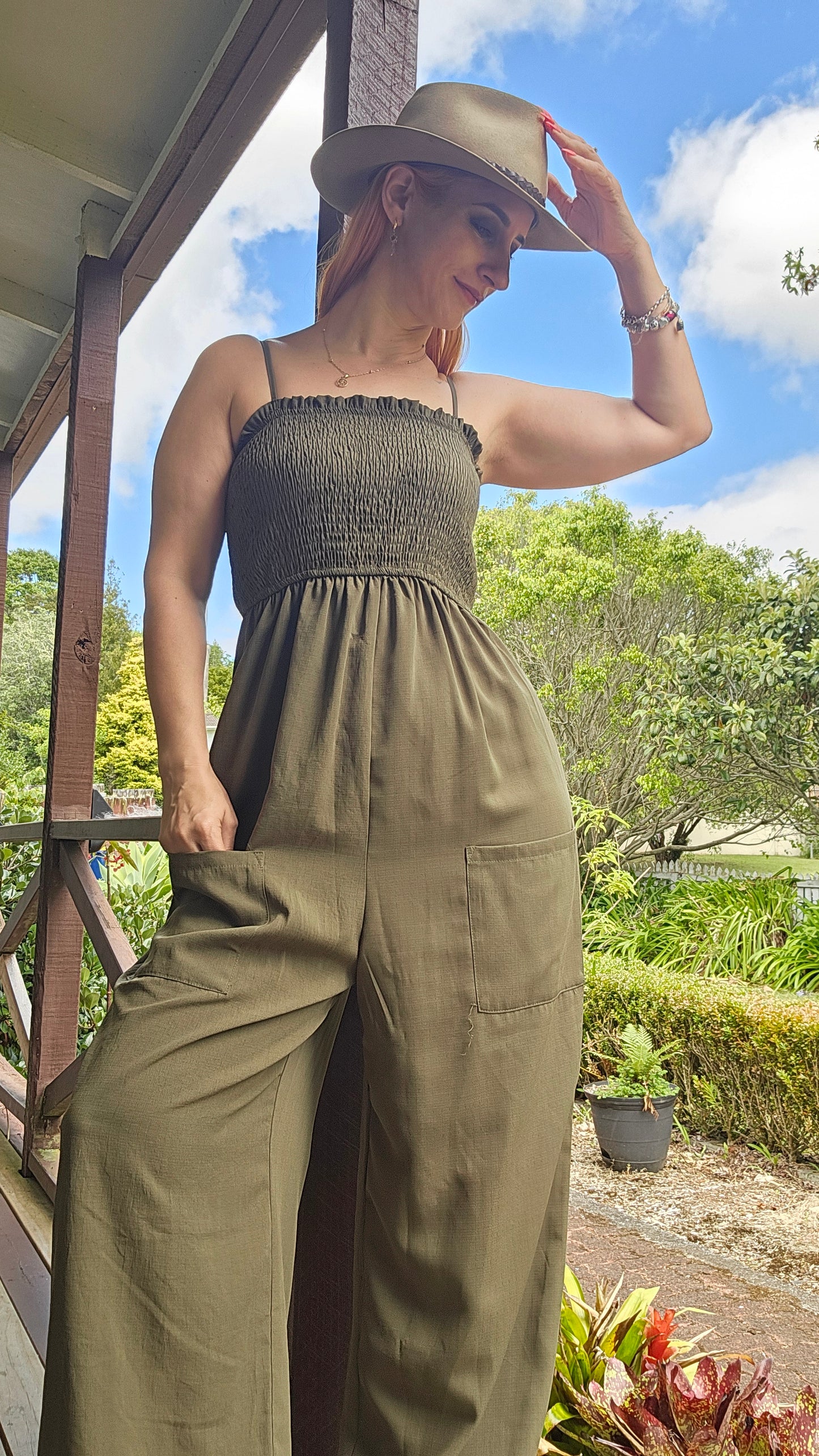 CUPSHE Women Slip Ruching Smocked Jumpsuit Pants Olive Green - Preloved Jumpsuit - Used jumpsuit