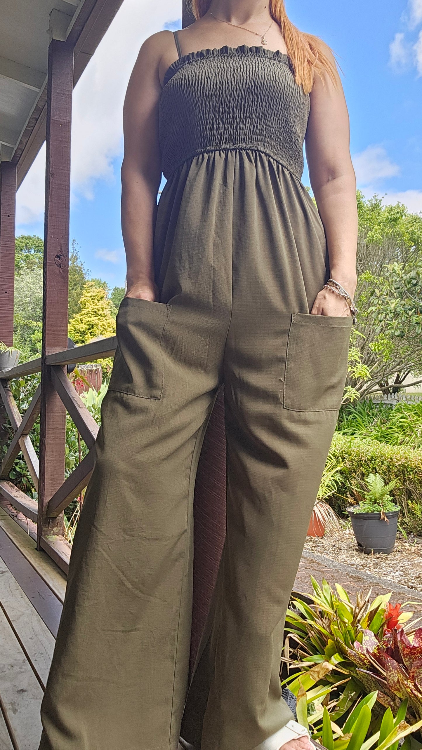CUPSHE Women Slip Ruching Smocked Jumpsuit Pants Olive Green - Preloved Jumpsuit - Used jumpsuit