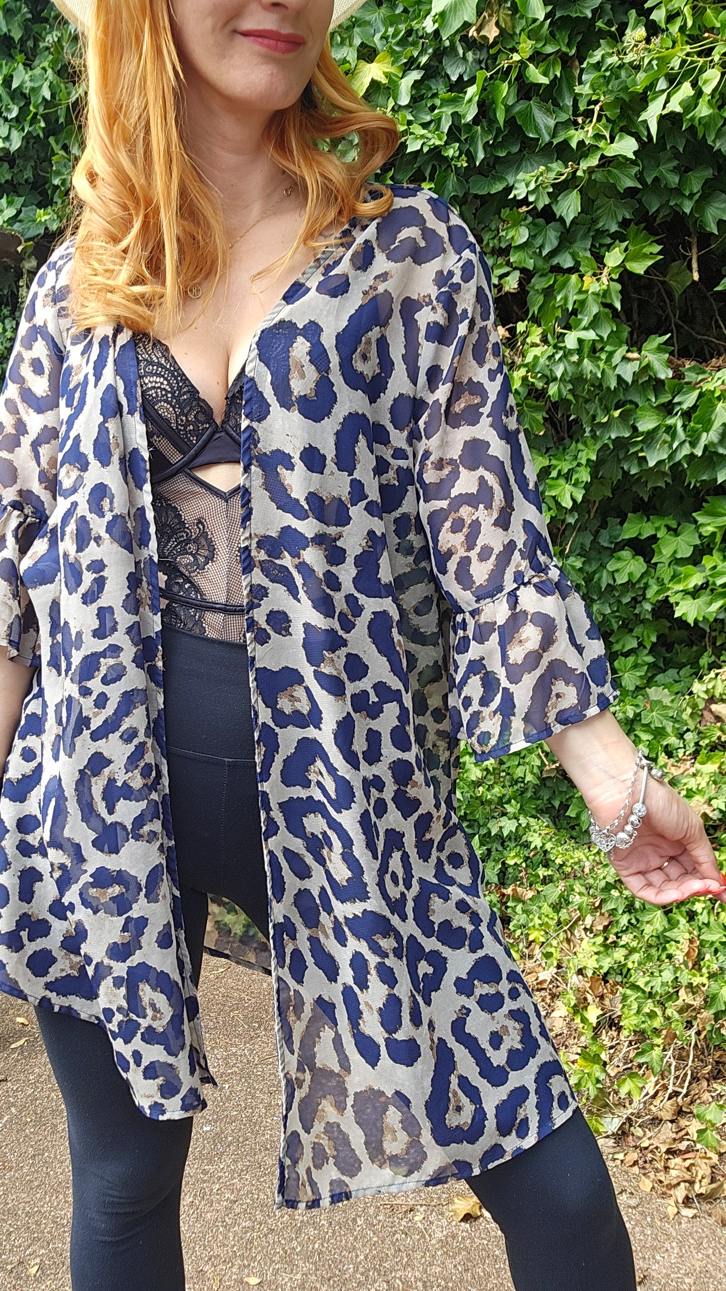 Sheer kimono with leopard print detail duster Jacket Kaftan top Kimono Sleeve